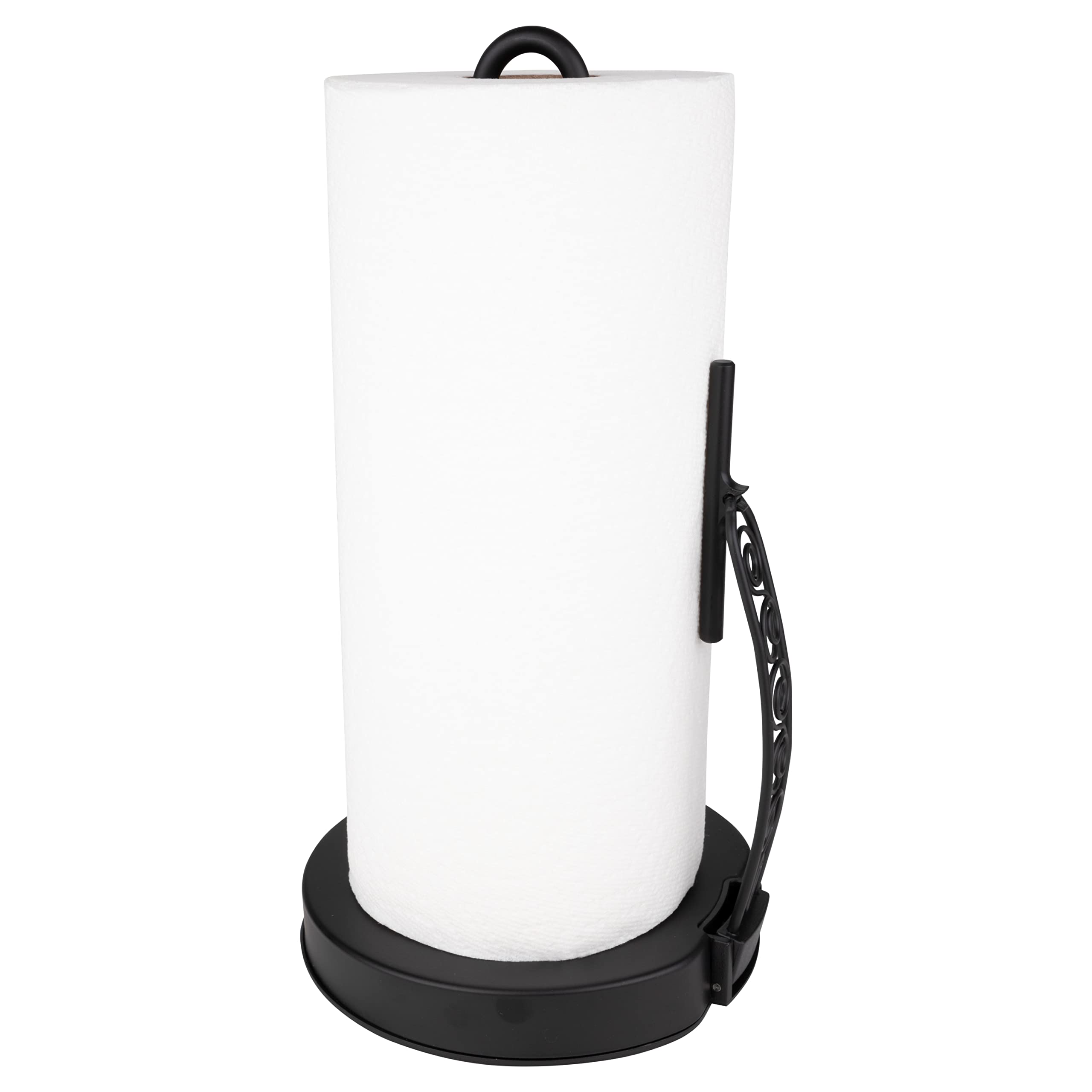 Black Scroll Tension Paper Towel Holder for Kitchen Counter, Pantry, Laundry & Bathroom - Space Saving Storage Organizer for Home, Apartment & RV - Perfect for Easy Paper Towel Access While Cooking or Cleaning