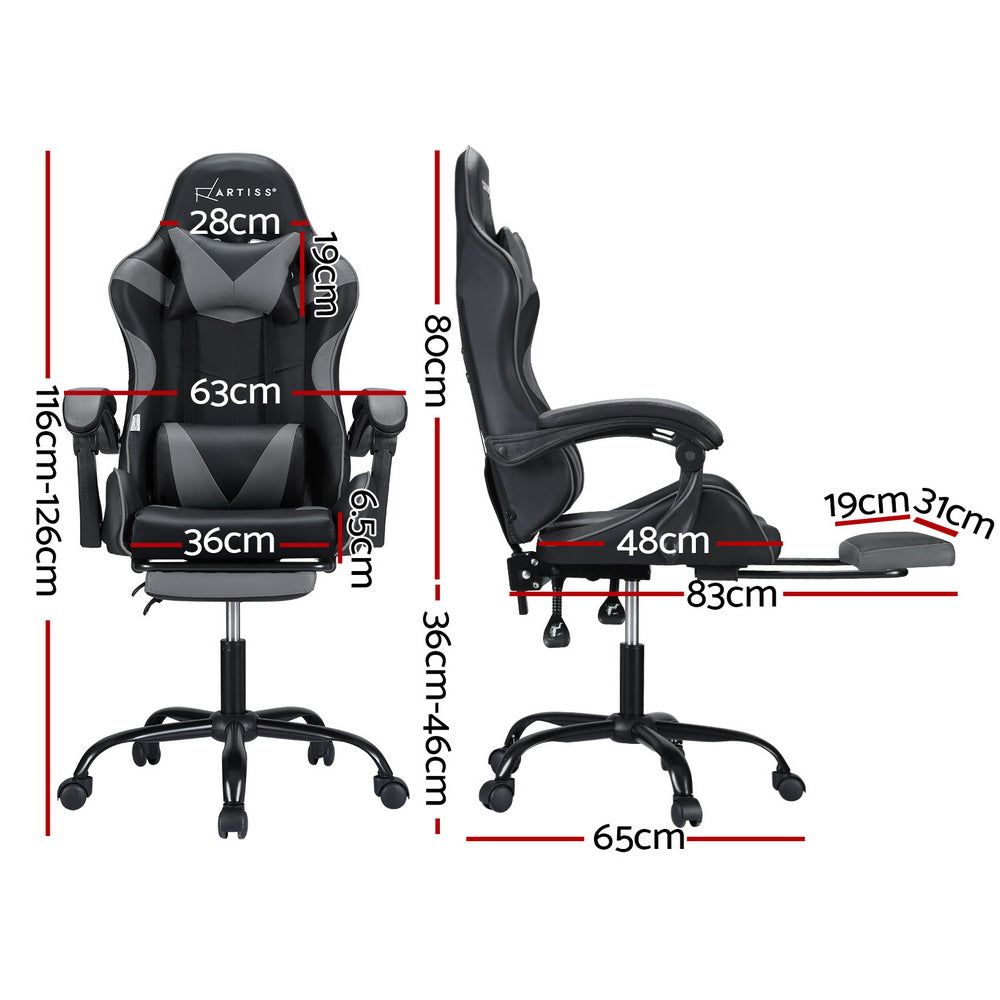 Artiss Ergonomic 2-Point Massage Gaming & Office Chair with Adjustable Footrest - Grey - Perfect for Home Office, Gaming Setup, and Workstation Comfort