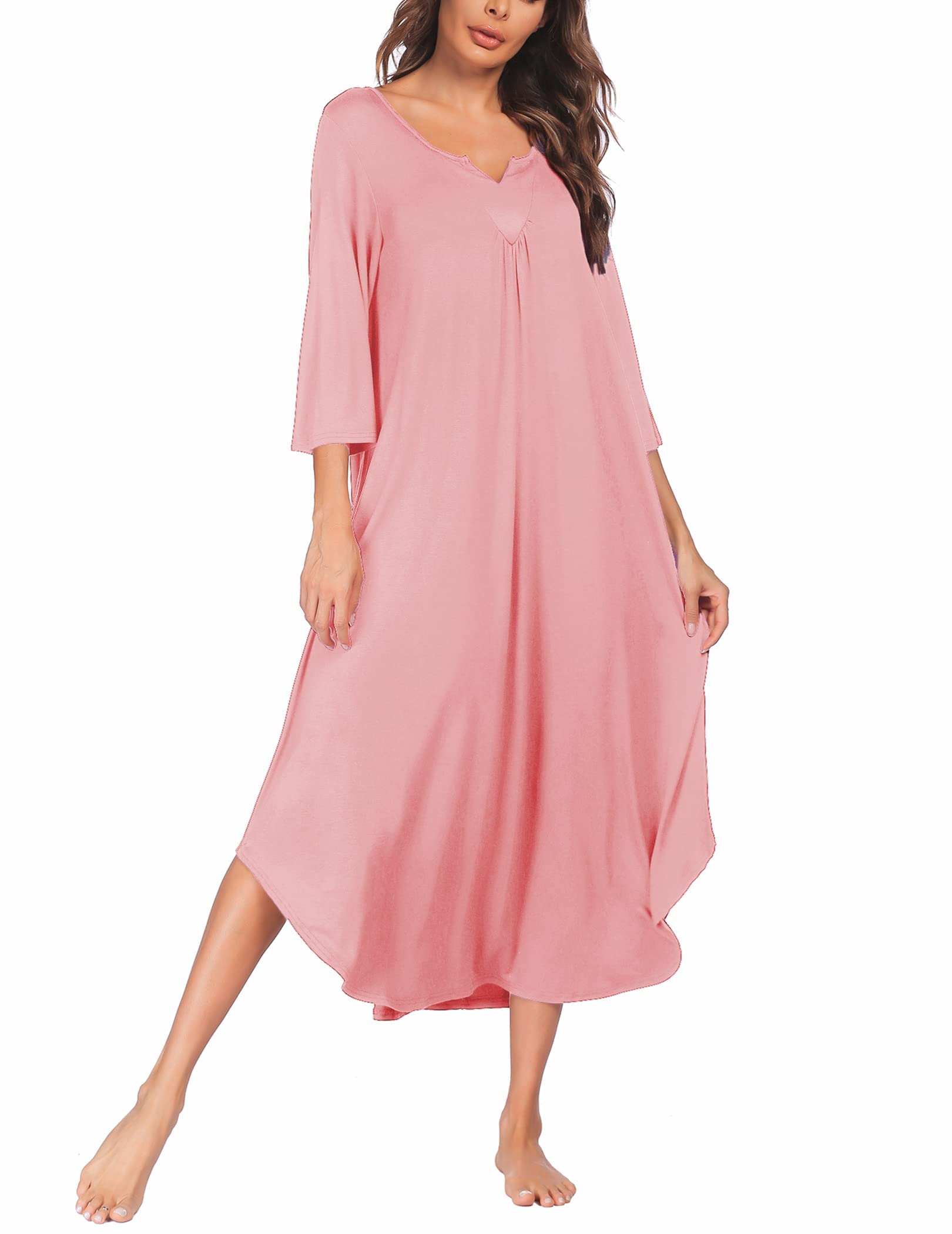 Ekouaer Women's Long Sleeve Nightgown - 3/4 Sleeve V-Neck Loose Maxi Sleepshirt for Plus Size, Soft Lounge Dress for Sleeping & Relaxing at Home