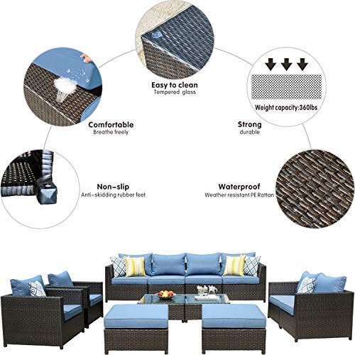 Ovios 12-Piece Patio Furniture Set - Outdoor Wicker Rattan Sofa Set with Blue Cushions, Fully Assembled Brown Rattan Furniture for Garden, Poolside & Backyard Relaxation