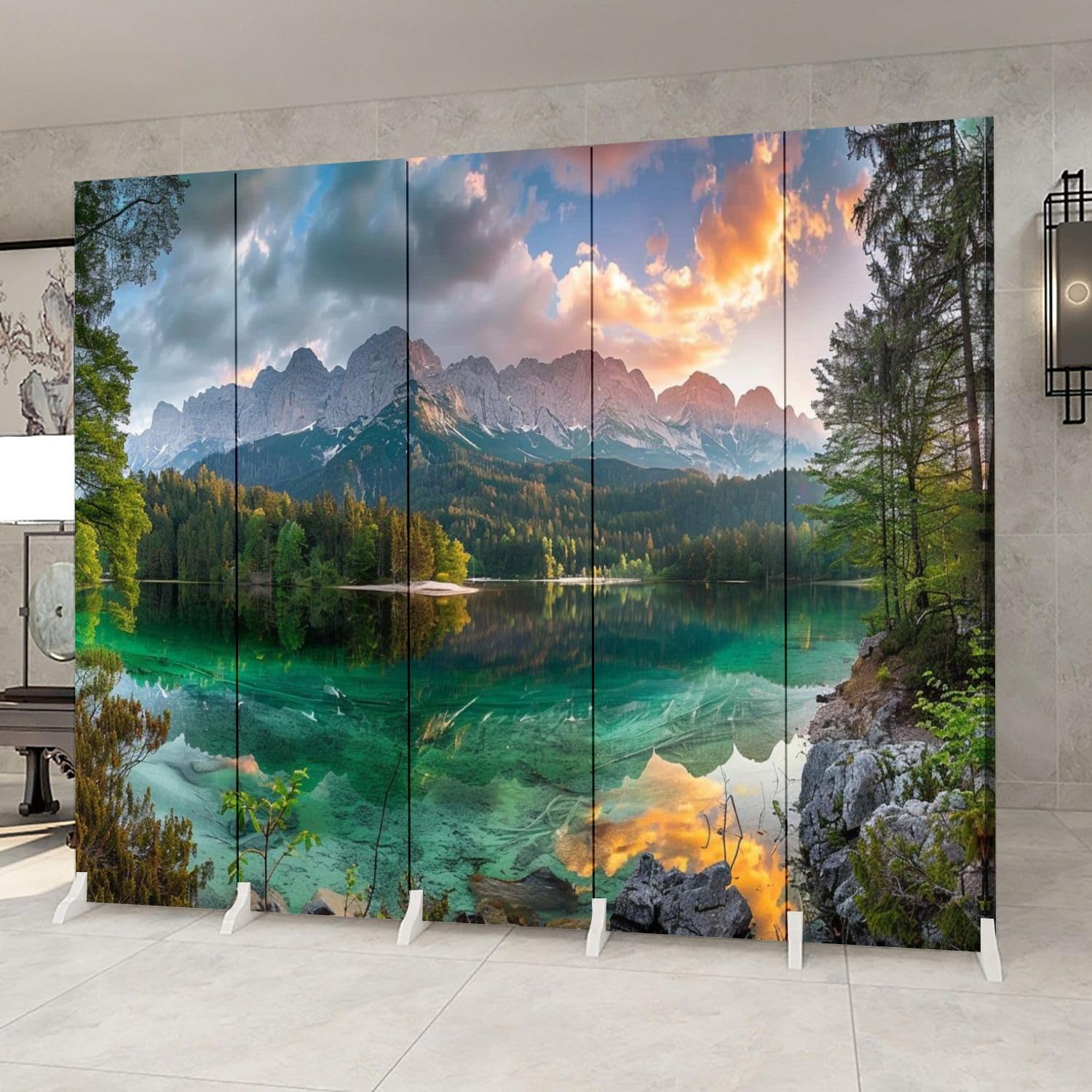 5-Panel Folding Room Divider - Mountain Lake Landscape Canvas Partition Screen for Home & Office - Freestanding Privacy Wall Separator for Living Room, Bedroom, Dorm, or Studio Decor