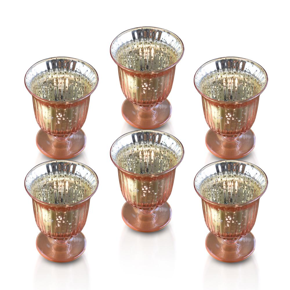 Vintage Mercury Glass Candle Holders Set of 6 - 5 Inch Fluted Urn Design in Rose Gold Pink (Emma Collection) | Elegant Home Decor & Wedding Centerpiece for Table Settings, Party Decorations, and Romantic Ambiance