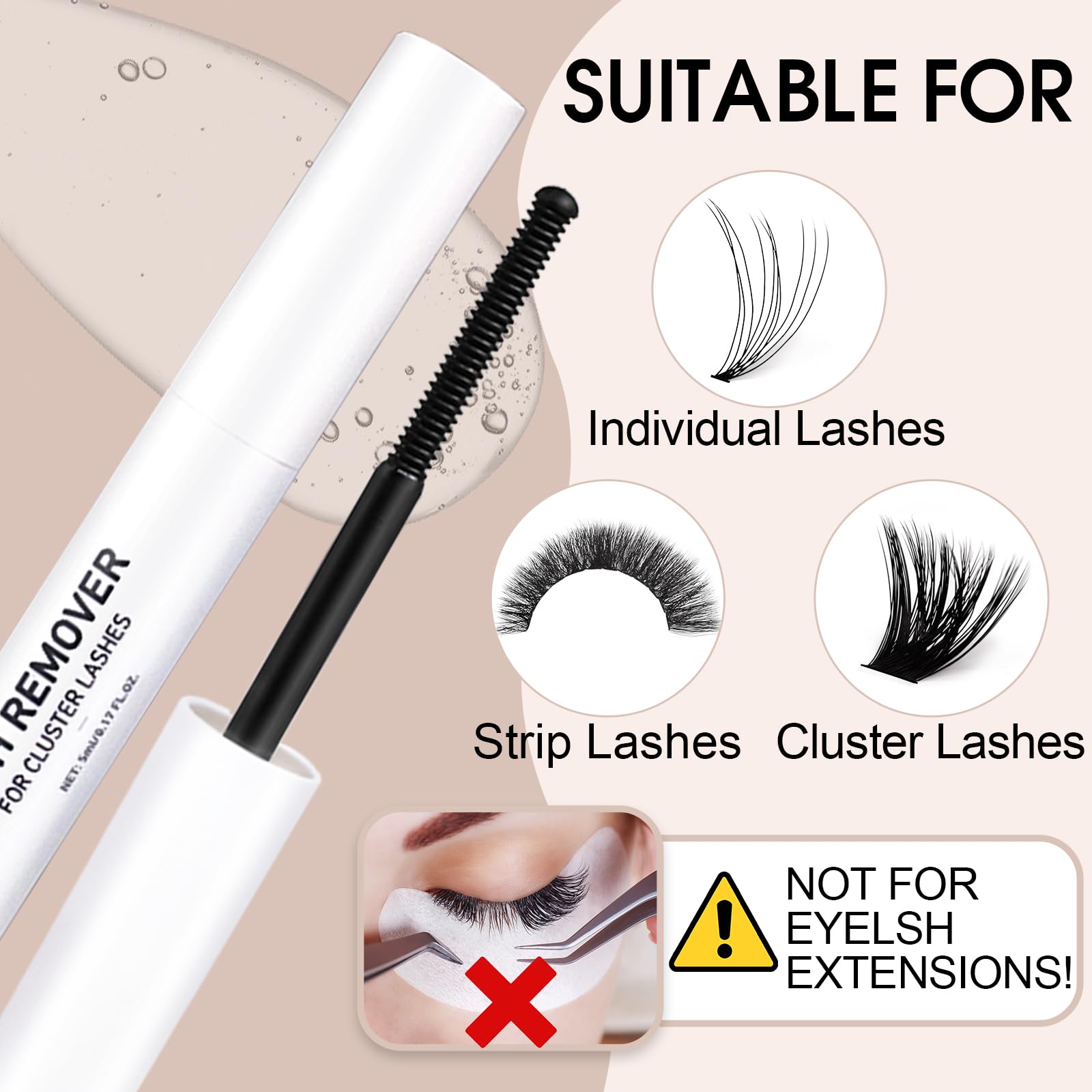 Gentle Eyelash Glue Remover 5ML - Safe for Individual & Cluster False Lashes, Wispy Extensions - Non-Irritating Formula with Mascara Wand - Perfect for Lash Maintenance & Professional Salon Use