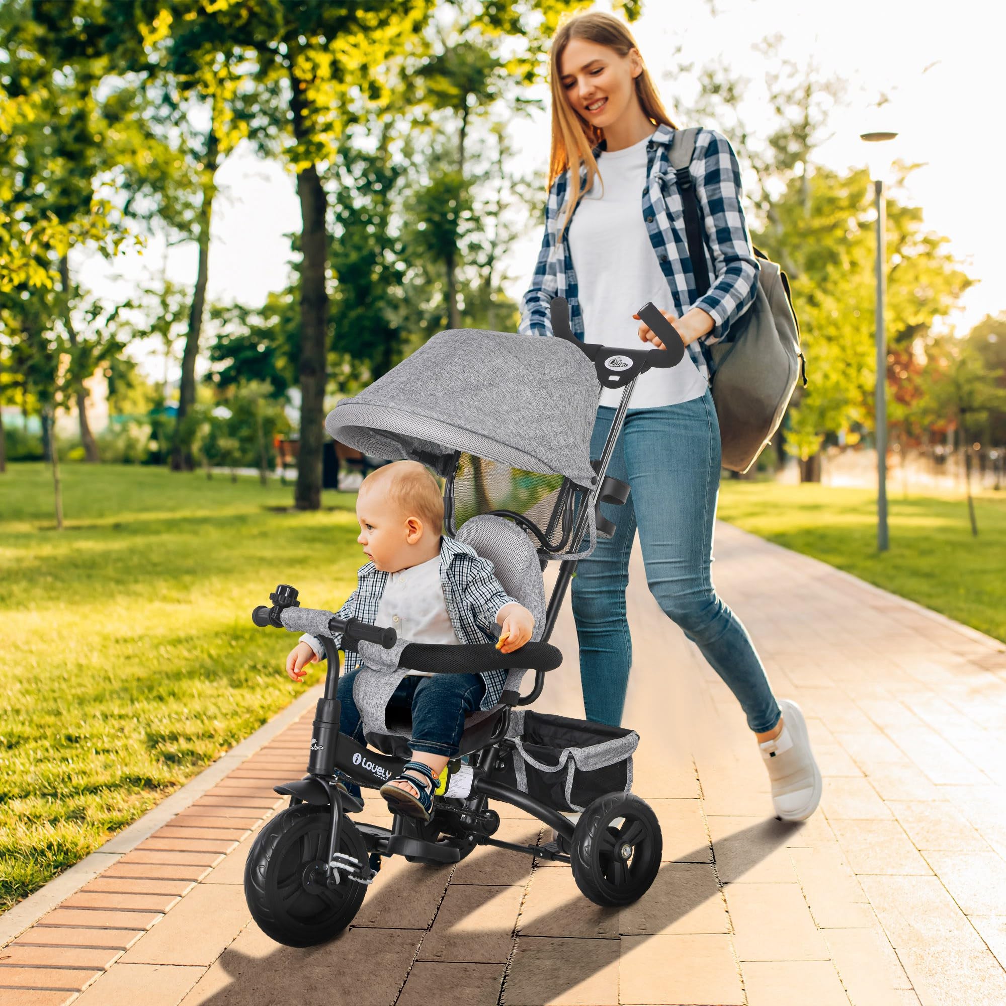Qaba 6-in-1 Toddler Tricycle with Foldable Canopy & Storage Basket - Adjustable 5-Point Safety Harness Trike for Kids 1-5 Years Old (Grey) - Perfect for Outdoor Play, Park Rides & Learning Balance