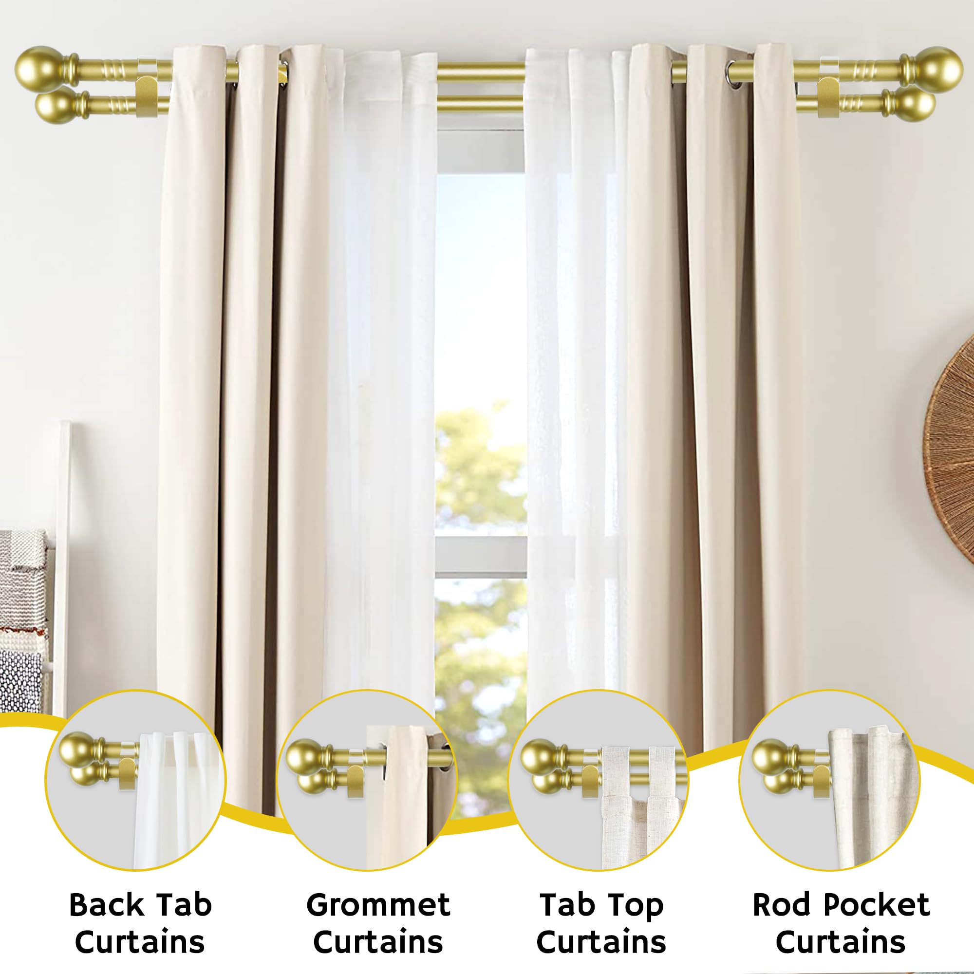 Double Curtain Rods for Windows 66-120 Inch - Gold Curtain Rod Set with 3 Brackets, 5/8