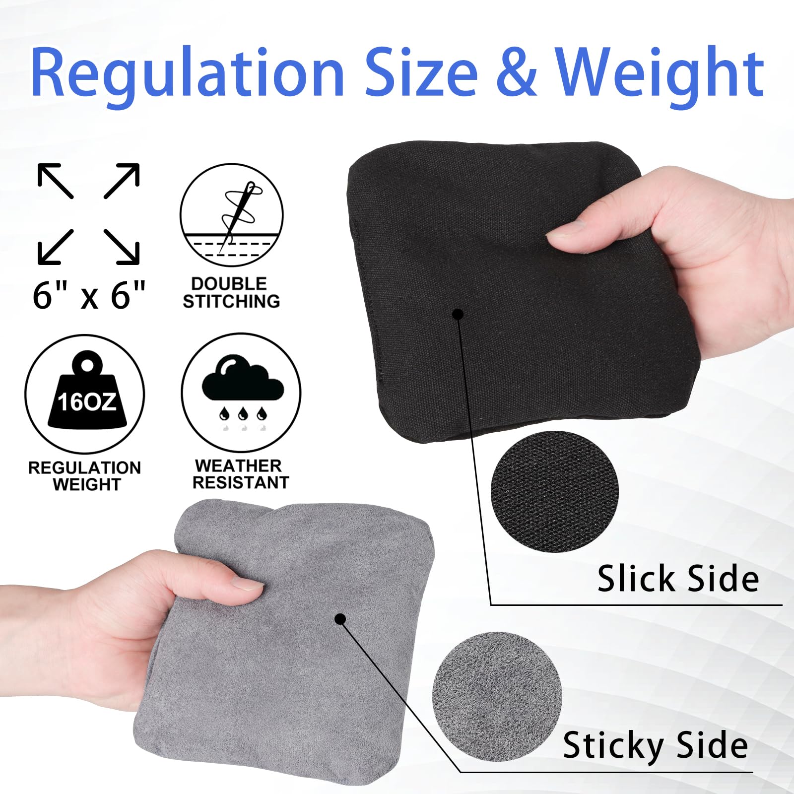 EunHo Professional Regulation Cornhole Bags Set - 8 Dual Sided Slick & Stick Bean Bags for Outdoor Tossing Games - All Weather Durable for Backyard, Tailgating and Picnic Parties