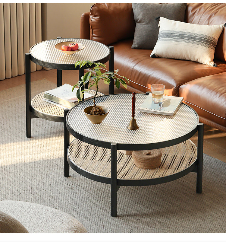 Solid Oak Wood Rattan Black Glass Round Coffee Table - Modern Living Room Centerpiece for Home Decor