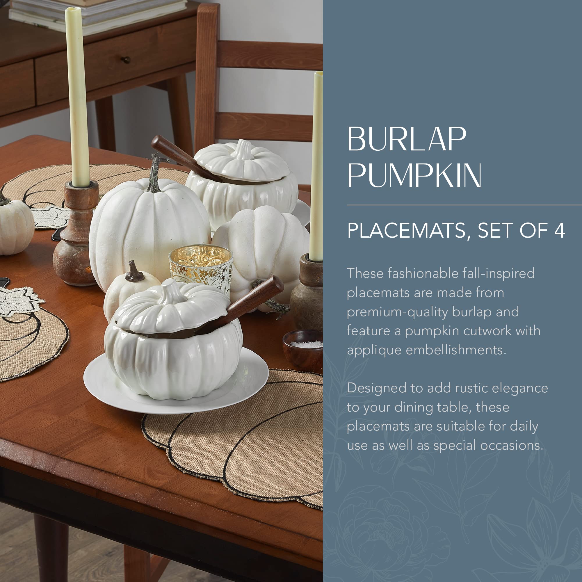 Elrene Home Fashions Burlap Pumpkin Placemats - Set of 4 Fall Harvest Table Mats (13