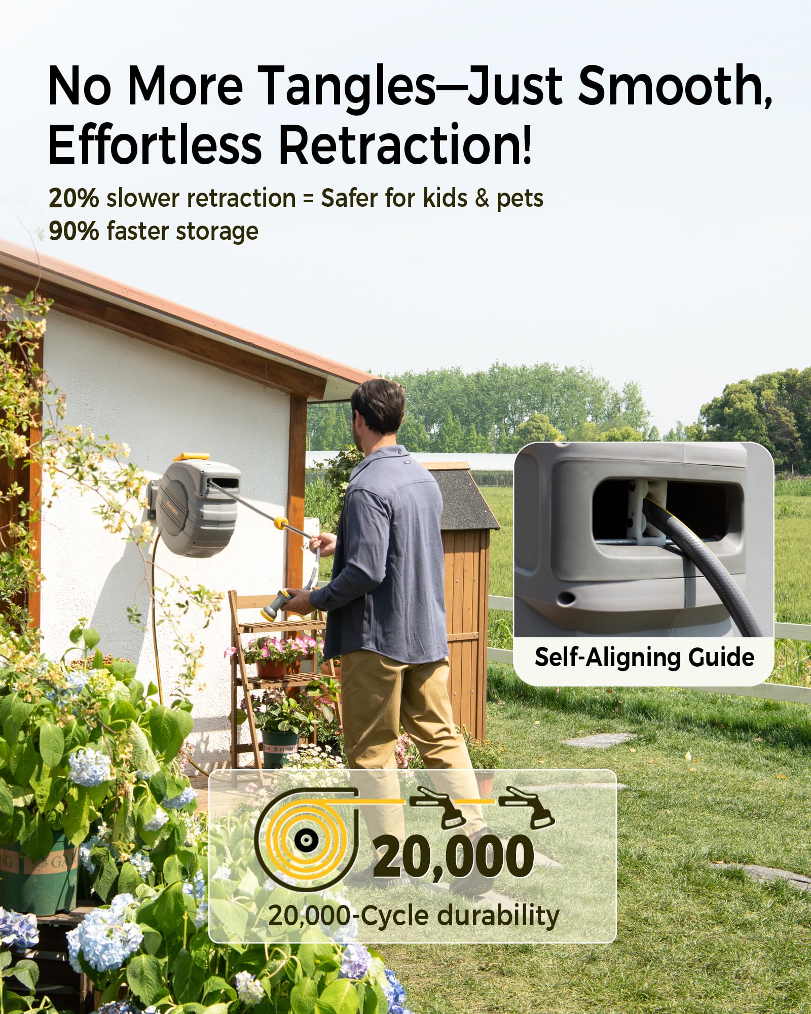 2025 Upgraded 65ft Retractable Garden Hose Reel with Dual Ratchet Lock - 5/8 Inch Heavy Duty Expandable Hose with UV & Freeze Protection, Brass Seal, Slow Retraction & Anti-Tangle Design - 180° Swivel Wall Mount for Lawn, Yard, Car Washing & Outdoor Watering