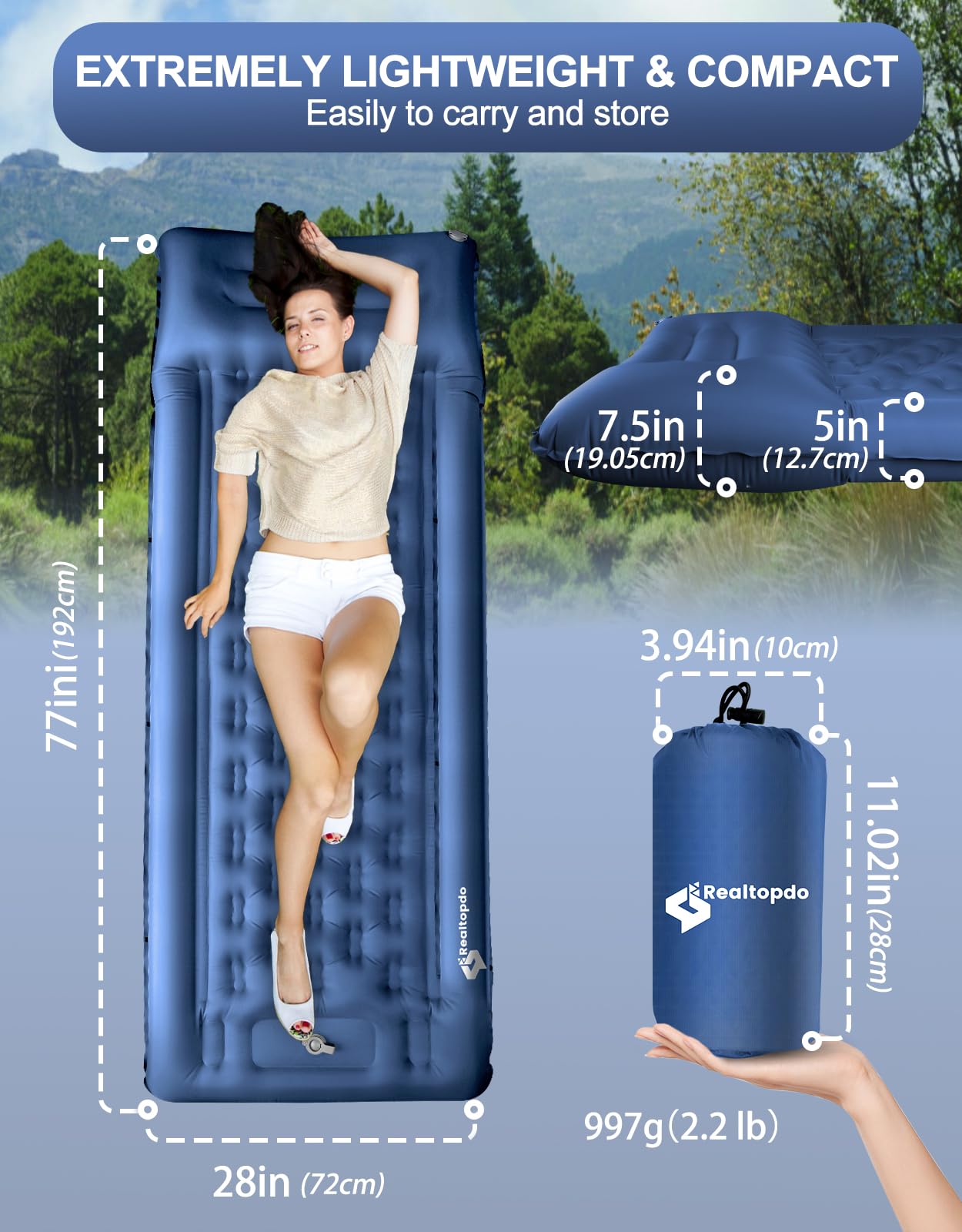 Extra Thick 5 Inch Self Inflating Camping Sleeping Pad with Pillow & Foot Pump - Lightweight Portable Mattress for Backpacking, Hiking, Travel - Perfect for Outdoor Adventures & Car Camping (Blue)