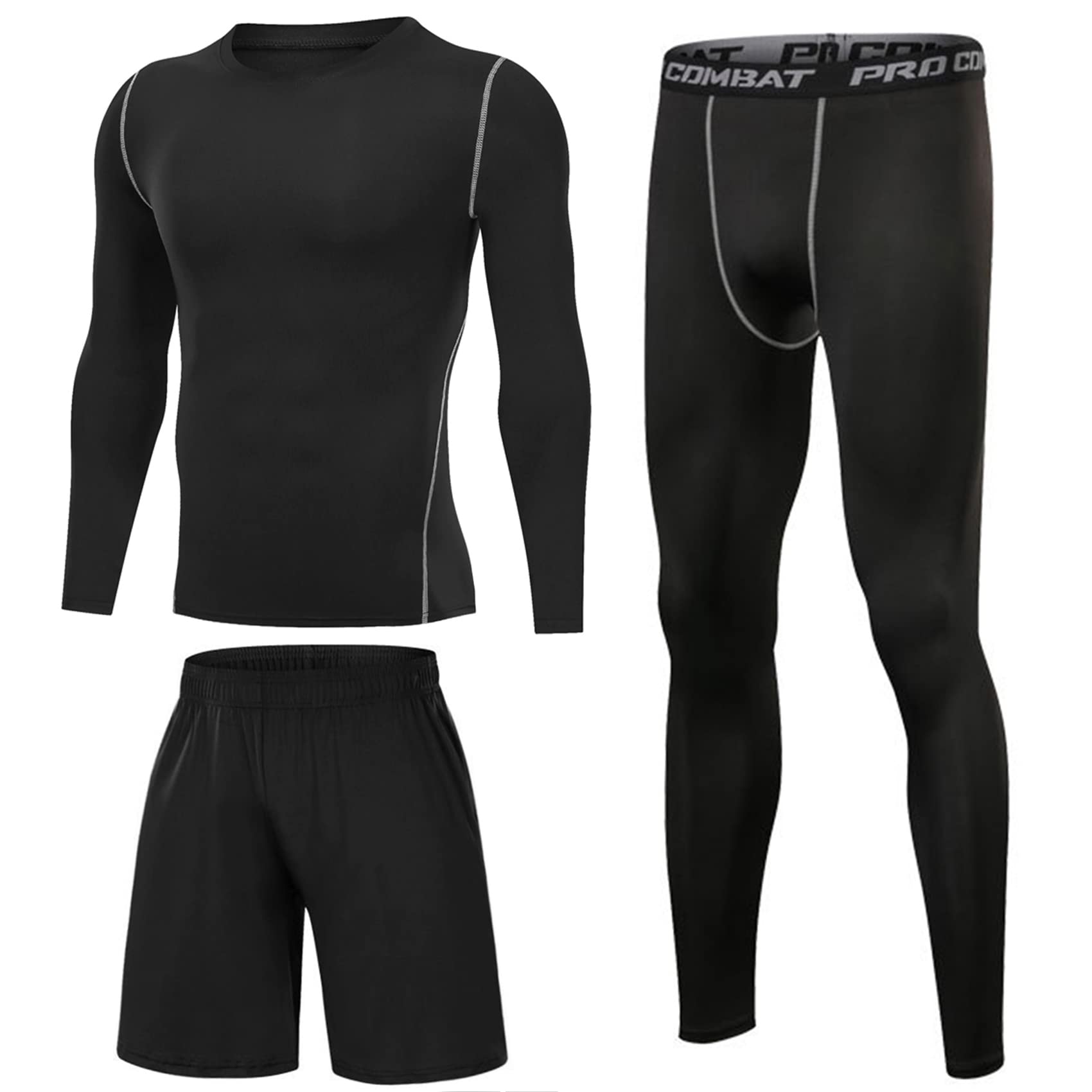 Terecey 3-Piece Men's Compression Running Set - Long Sleeve Top, Breathable Leggings & Workout Shorts with Pockets | Moisture-Wicking Athletic Wear for Running, Gym Training & Fitness (Sizes S-XXL) | Perfect for Marathon Training, CrossFit & Outdoor Sports Activities