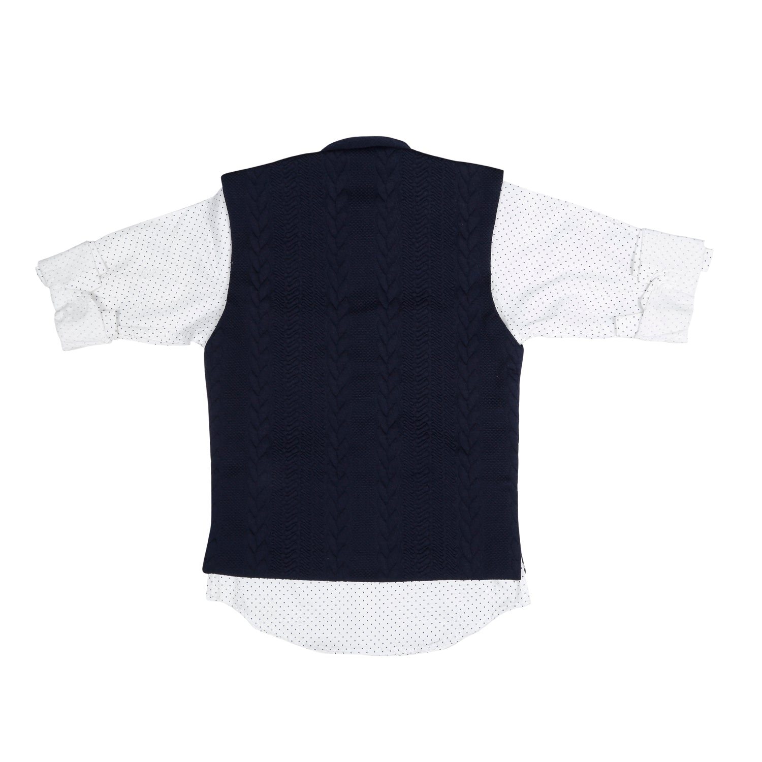 Stylish Navy Blue Self Textured Modi Jacket & Polka Dot Print Shirt - Trendy Casual Outfit for Men | Perfect for Office, Date Night & Weekend Wear