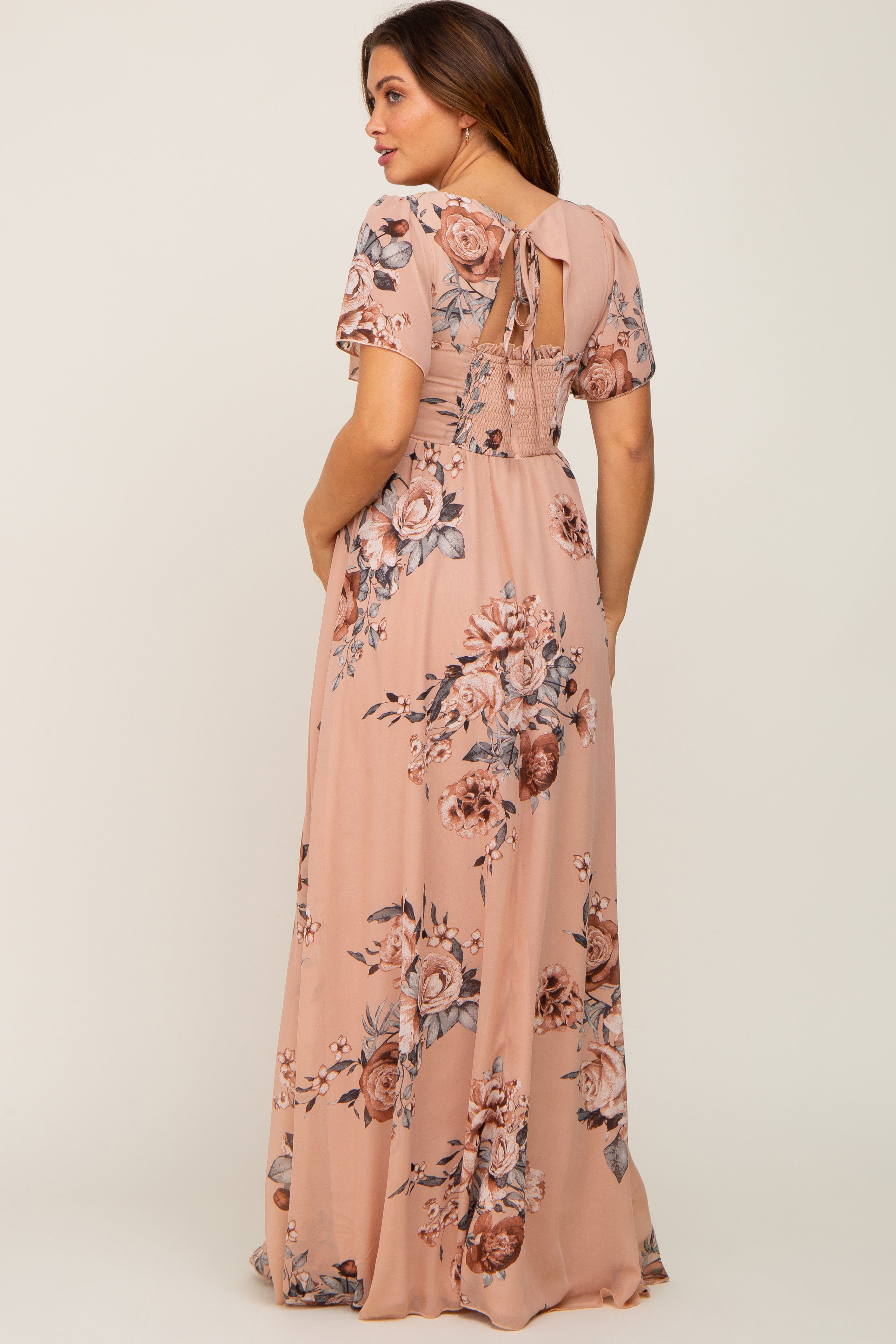 Beige Floral Chiffon Square Neck Smocked Short Sleeve Maternity Maxi Dress for Pregnancy, Nursing & Special Occasions - Comfortable Summer Maternity Dress for Baby Showers, Weddings & Beach Vacations