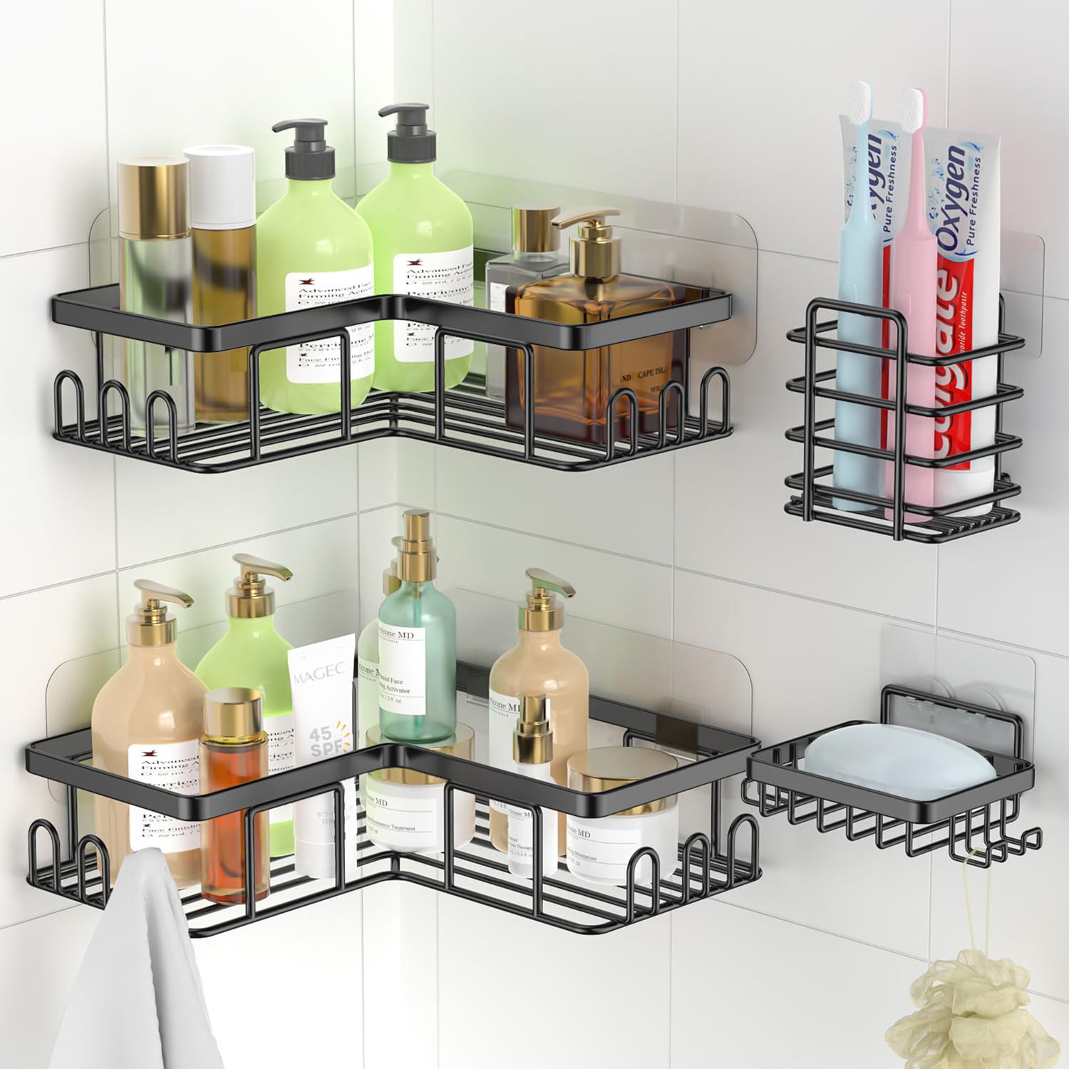 4-Pack Stainless Steel Self-Adhesive Shower Caddy Corner Shelves with Soap Dish Holder - Bathroom Storage Organizer for Shampoo, Conditioner & Body Wash - Perfect for Small Bathrooms, Apartments & Dorm Showers