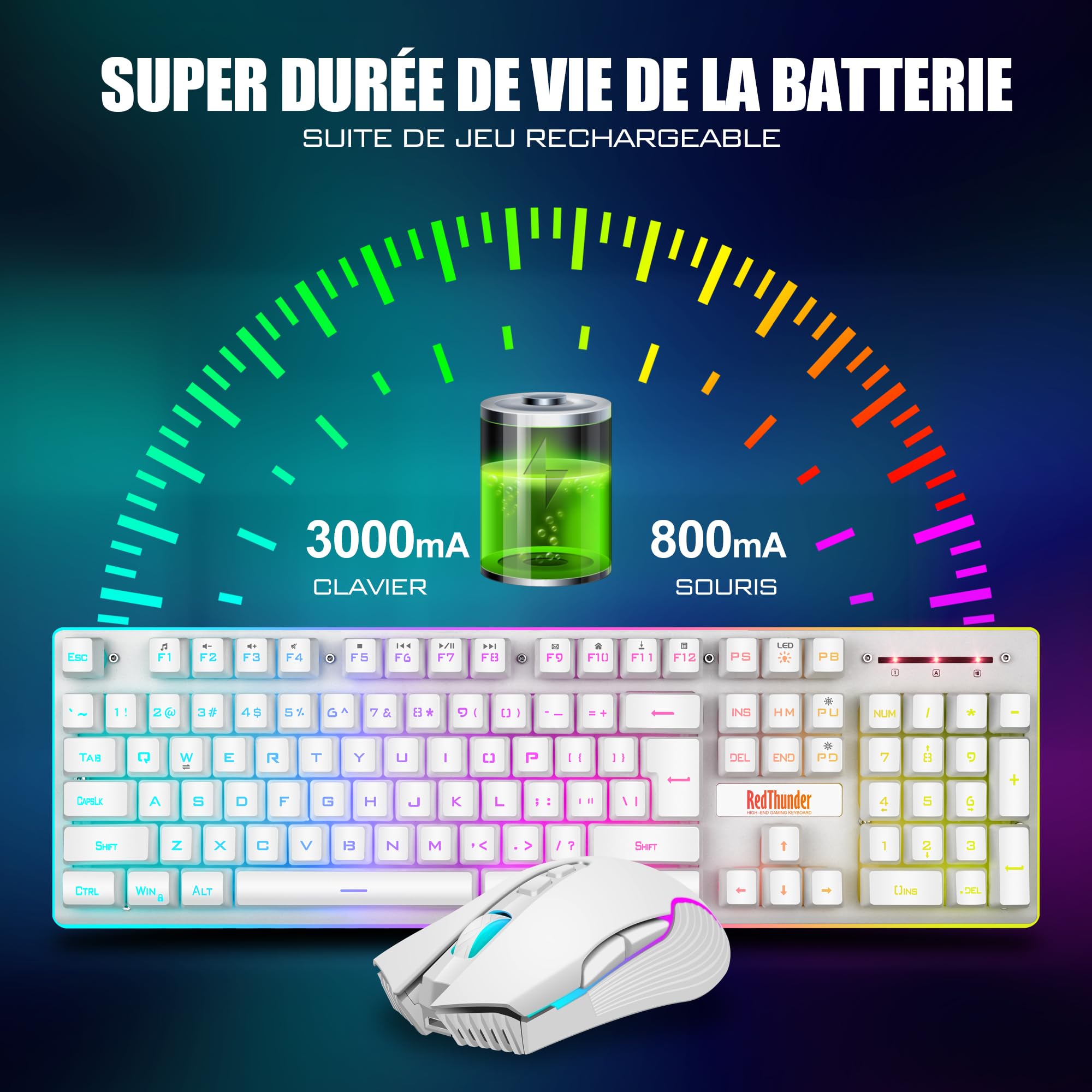 RedThunder K10 Wireless Gaming Keyboard & Mouse Set - French AZERTY, 3200DPI, for PC Mac PS5 Xbox (White) - Perfect for Esports & Home Gaming