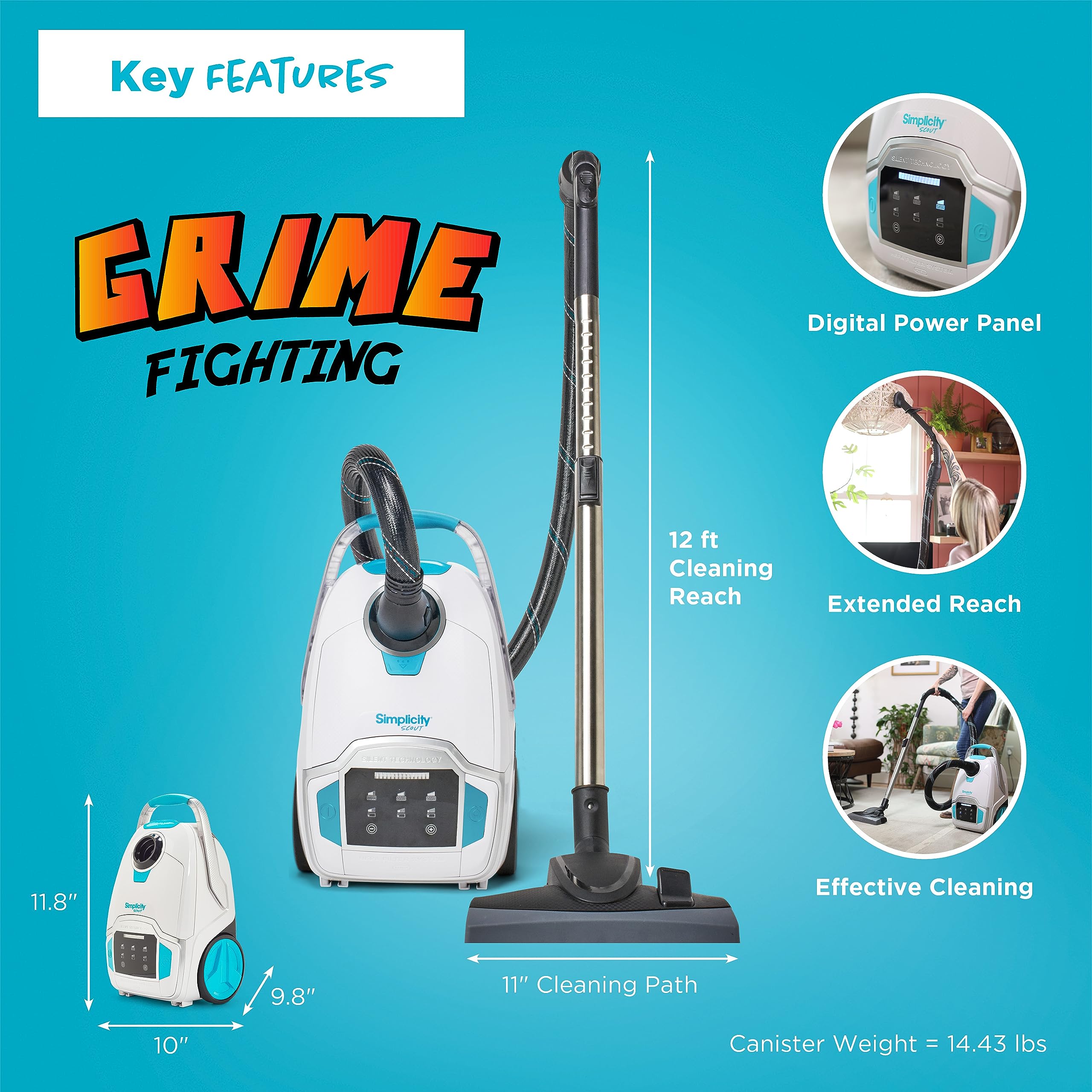 Simplicity Scout Canister Vacuum Cleaner - Compact & Powerful for Rugs & Hardwood Floors | Extendable Wand & Digital Suction Control | Ideal for Pet Hair, Stairs & Tight Spaces