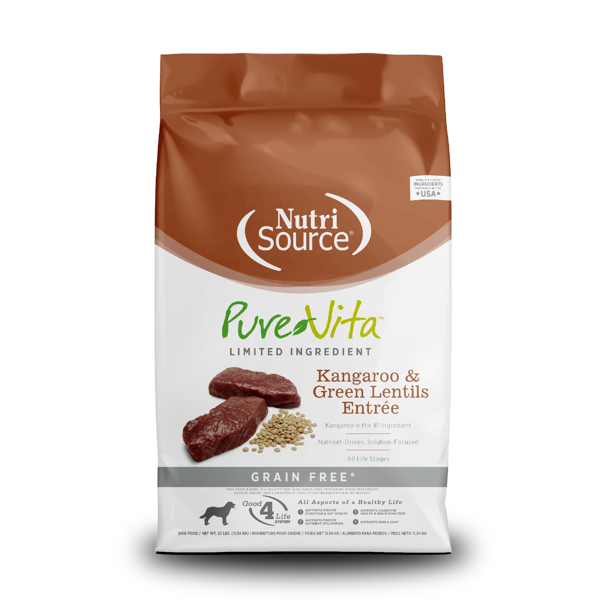 NutriSource PureVita Grain Free Kangaroo & Green Lentils Dry Dog Food - 25 lb Bag for Adult Dogs with Sensitive Stomachs | High Protein, Limited Ingredient Diet for Allergies & Digestive Health | Perfect for Home Feeding & Travel
