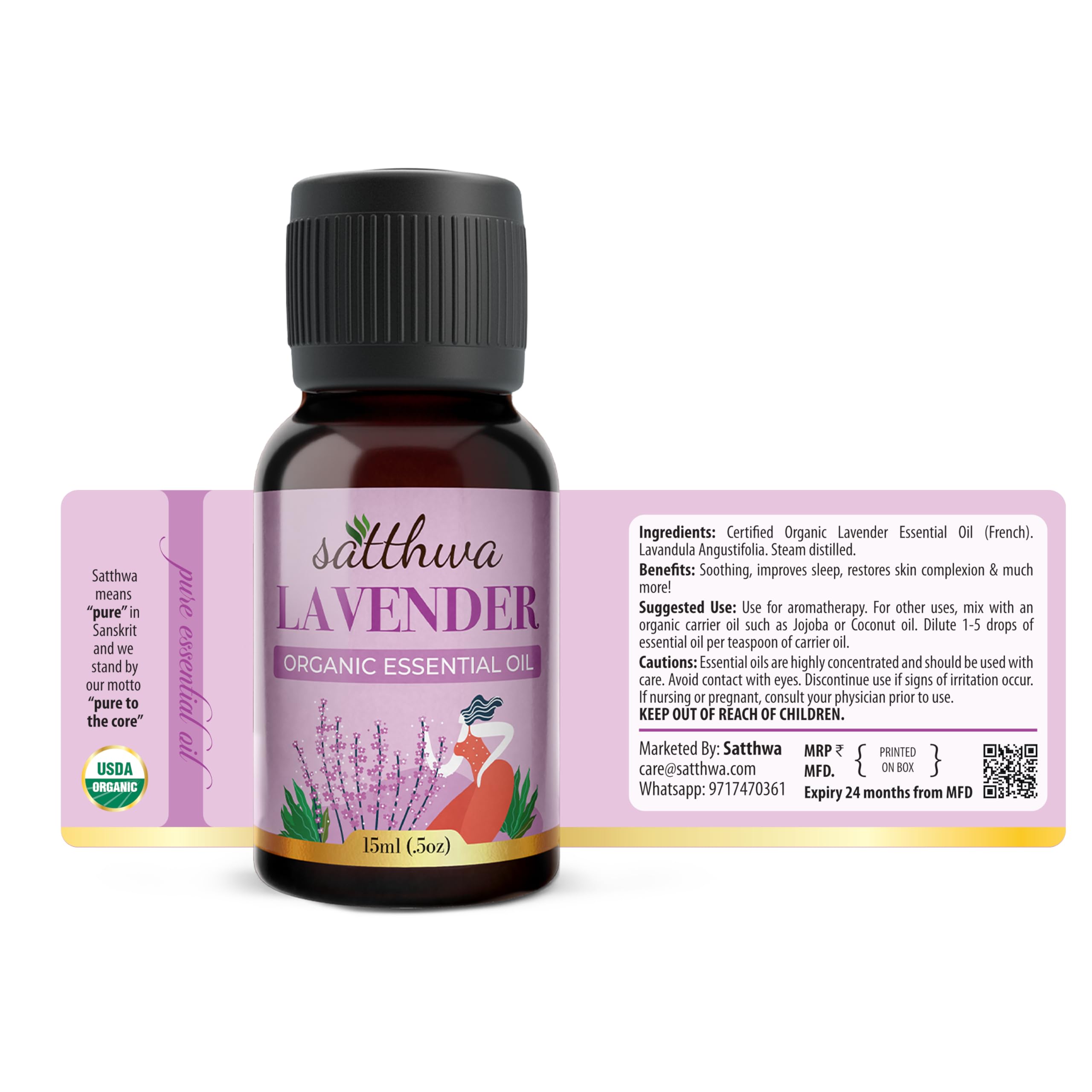 **Satthwa Organic Lavender Essential Oil - 100% Pure Therapeutic Grade - 15ml Bottle - Calming Floral Aromatherapy for Relaxation, Sleep, Skin Care & Stress Relief - Perfect for Diffusers, Massage & DIY Beauty**