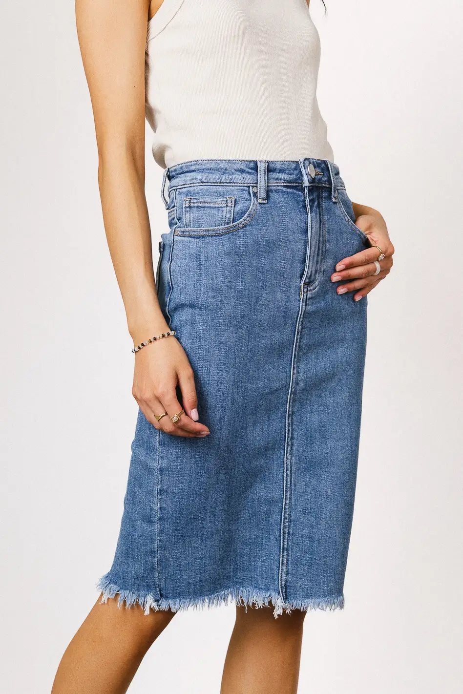 Frida Denim Midi Skirt for Women - High Waisted A-Line Denim Skirt with Pockets | Perfect for Casual Outfits, Date Nights & Summer Fashion