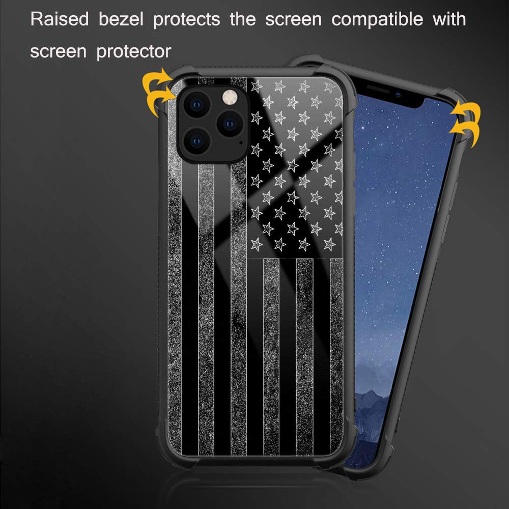 American Flag iPhone 11 Pro Max Case - Black & White Patriotic Design with Tempered Glass Back & Soft Silicone TPU Shock Protection | Perfect for Everyday Use, Travel, and Outdoor Activities