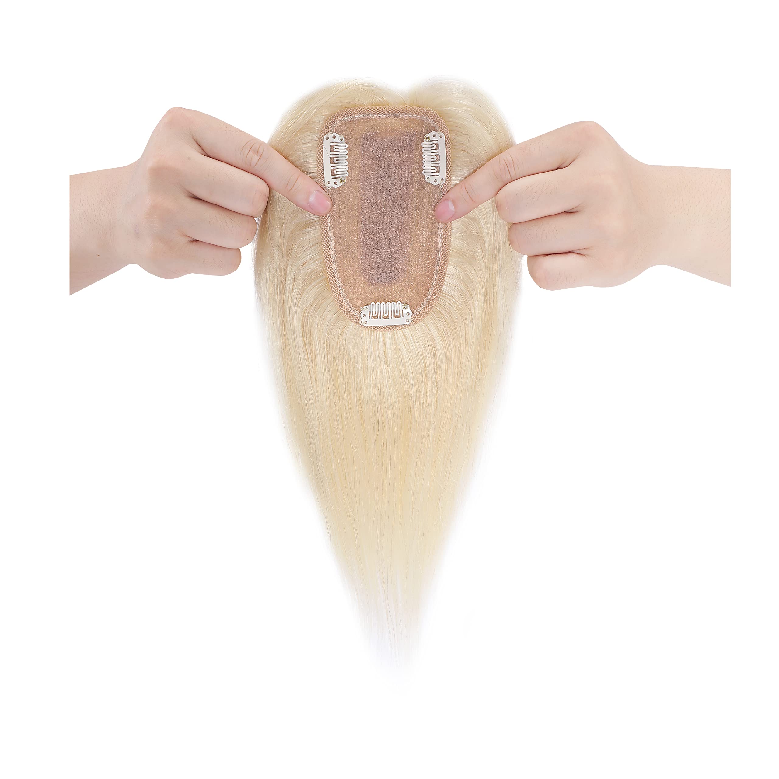 Benehair Clip-in Human Hair Topper for Women with Thinning Hair - 10 Inch 33g Remy Hair Topper with Silk Base - #60 Platinum Blonde - Natural Looking Hair Extensions for Daily Wear & Special Occasions