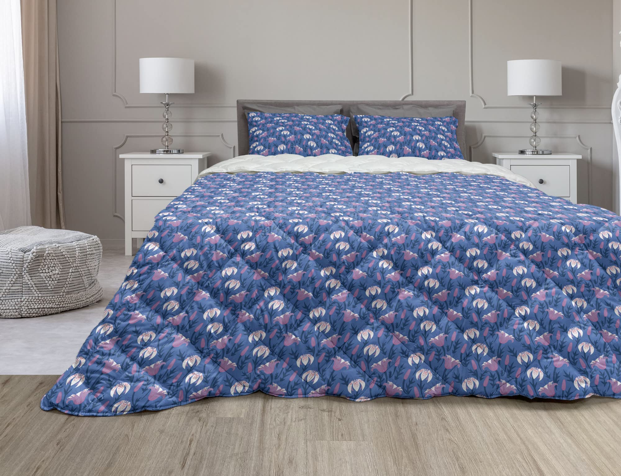 Ambesonne Floral Comforter Set - Twin XL Lavender Azure Blue Tulip Lily Flower Design, 2-Piece Microfiber Duvet Cover with Sham | Soft Bedding for Guest Rooms, Dorms & Cozy Bedroom Decor