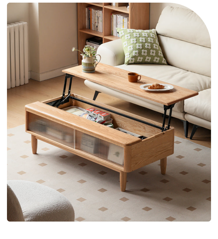 Solid Oak Wood Modern Lift-Top Coffee Table with Slate Finish - Perfect for Living Room, Home Office, and Small Spaces