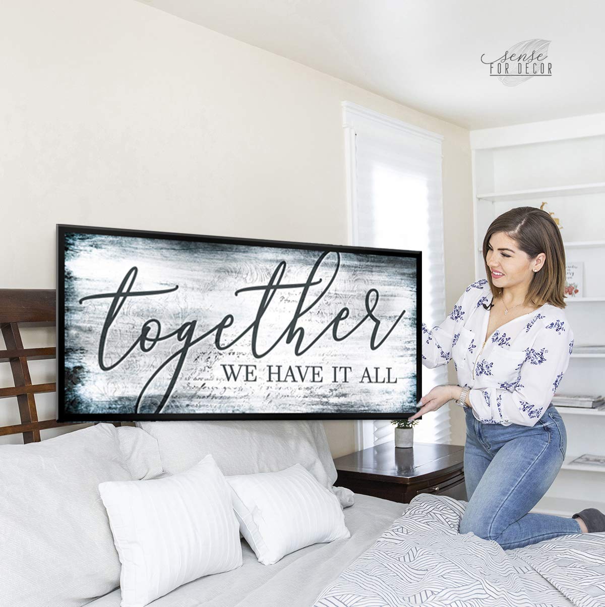 Together We Have It All Sign - Romantic Wedding & Couples Gift - Bedroom Decor for Couples - Blue 60x27 Inch Black Floating Frame - Perfect for Anniversaries, Home Decor & Love-Themed Spaces