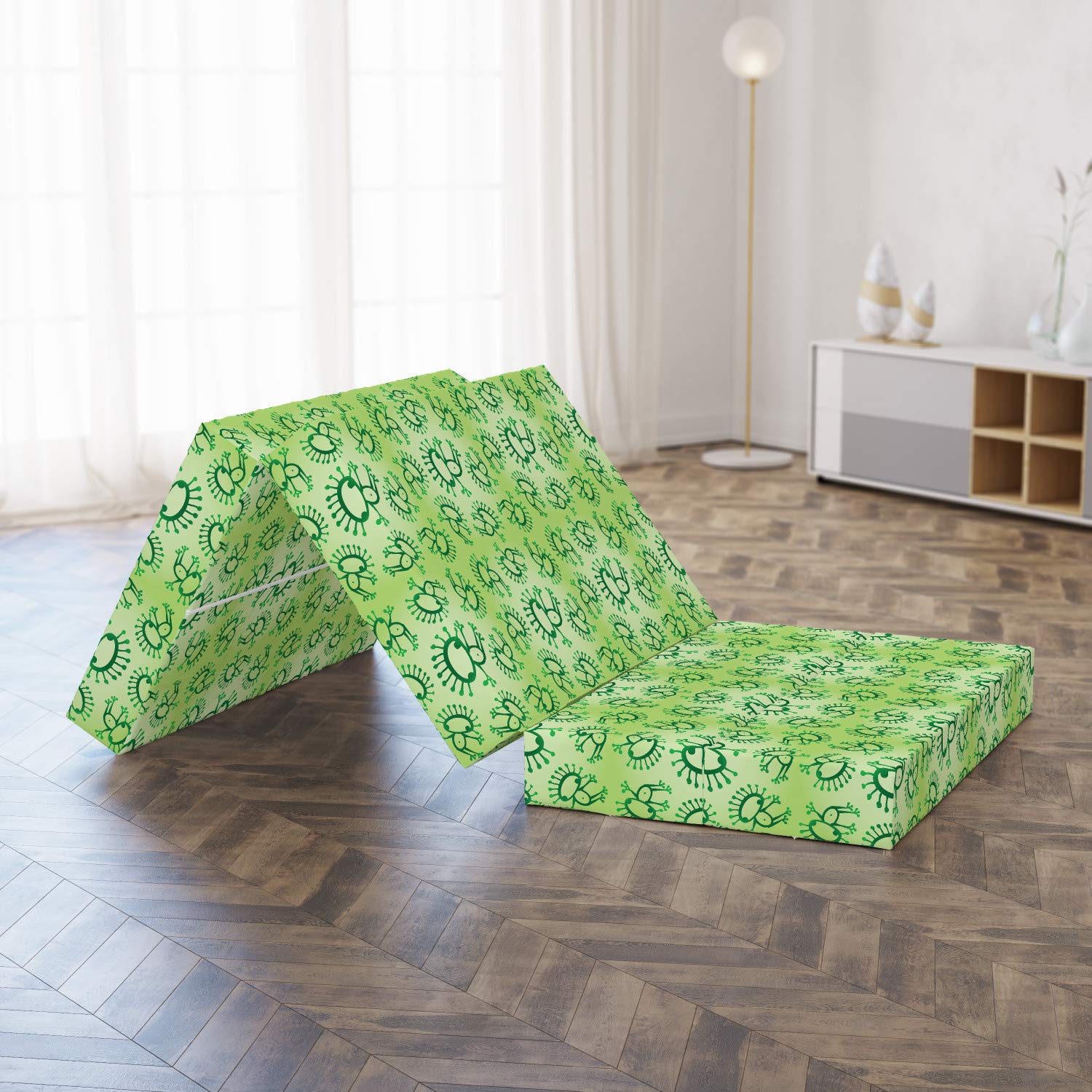 Ambesonne Green Foldable Mattress - Doodle Style Alien Frogs Design, 74.8