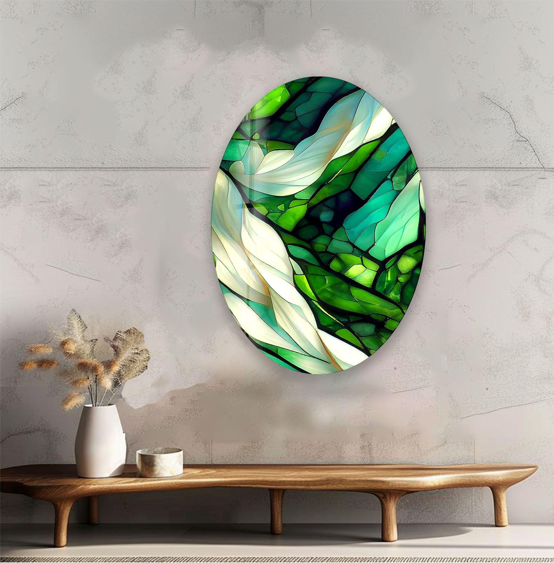 Handmade Asymmetric Oval Stained Green Fractal Glass Wall Art - Modern Abstract Home Decor for Living Room, Bedroom & Office
