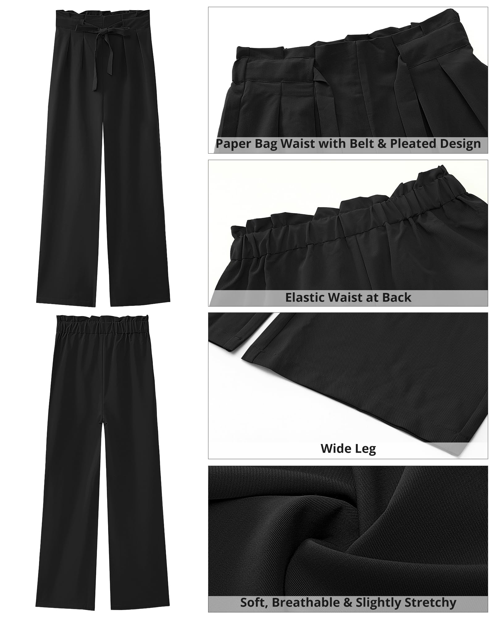 GRAPENT Women's High Waisted Wide Leg Dress Pants - Elastic Waist Pleated Work Trousers for Office & Casual Wear | Trendy Belted Pants for Business, Travel & Everyday Outfits