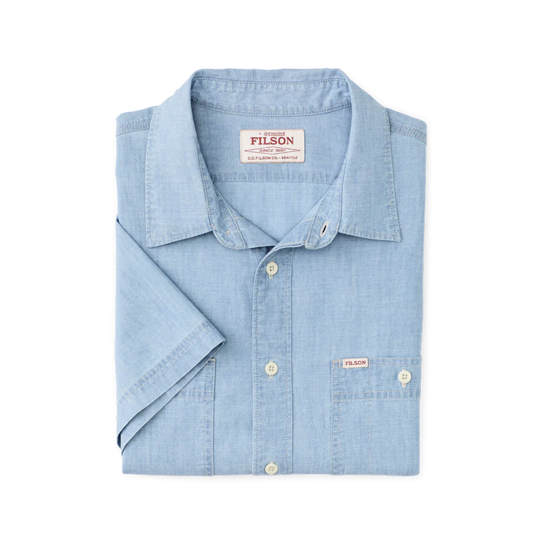 Filson Men's Light Indigo Short Sleeve Chambray Shirt - Casual Summer Wear for Outdoor Adventures & Travel