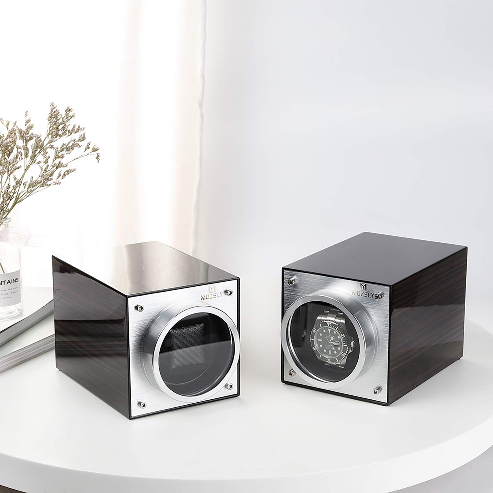 MOZSLY Single Automatic Watch Winder - Battery & AC Powered with 12 Rotation Modes, Ultra Quiet Motor - Elegant Piano Finish for Watch Storage & Display - Perfect for Travel, Office & Home Use