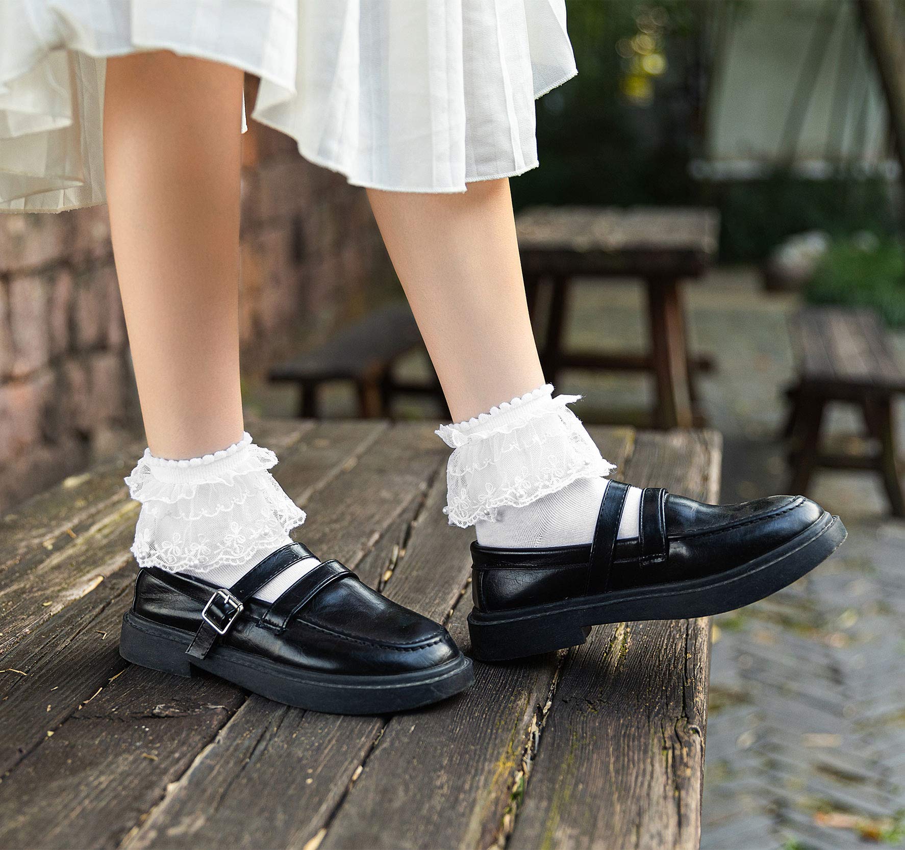SEMOHOLLI Women's Pearl Lace Ruffle Ankle Socks - No-Show Cotton Princess Socks for Comfort & Style - Perfect for Ballet Flats, Sneakers and Everyday Wear