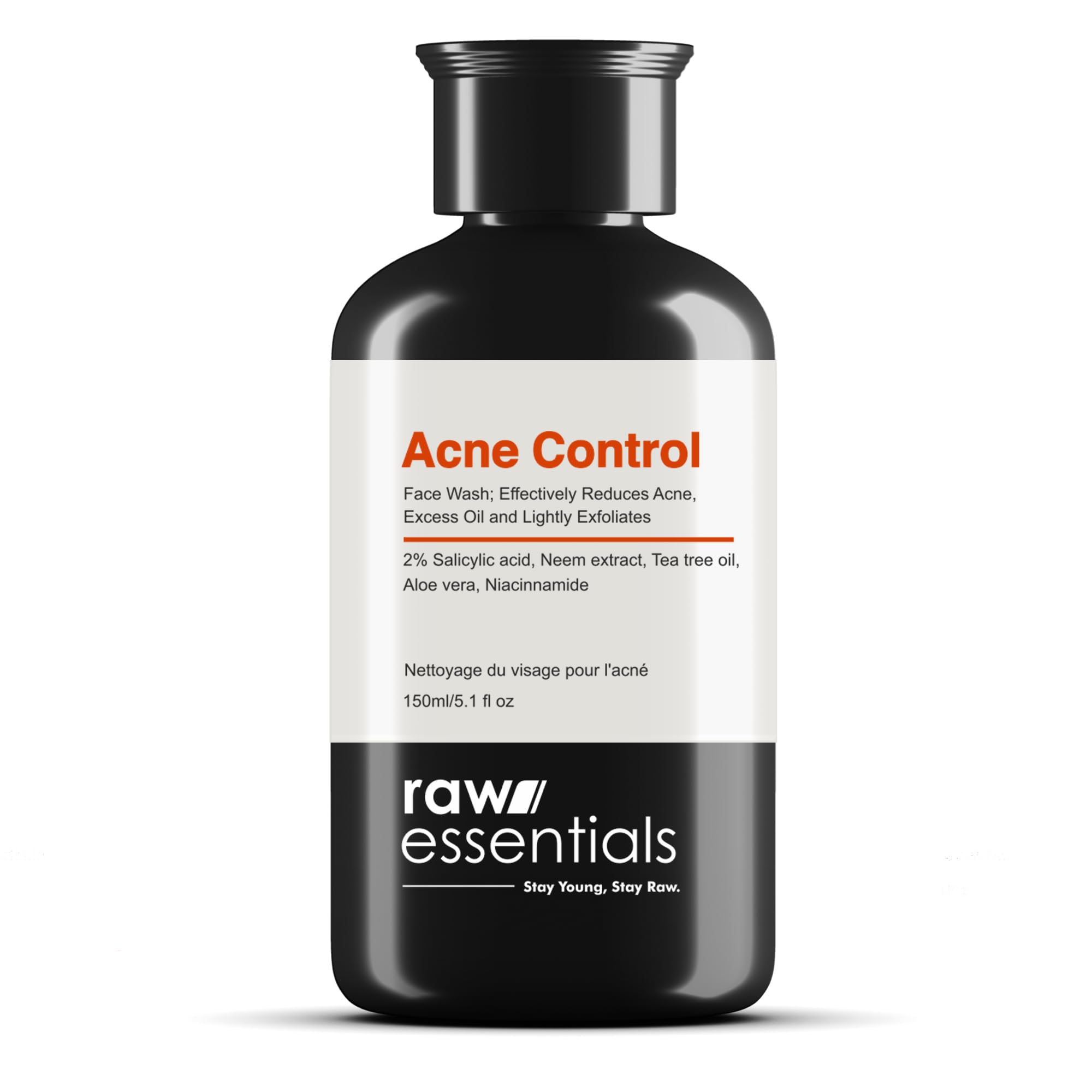 Raw Essentials Acne Control Face Wash with 2% Salicylic Acid, Niacinamide & Natural Extracts - Tea Tree Oil, Neem Leaf & Aloe Vera for Oily & Acne-Prone Skin | 150ml Sulfate-Free, Paraben-Free Cleanser for Men & Women | Daily Deep Cleansing for Clear, Healthy Skin