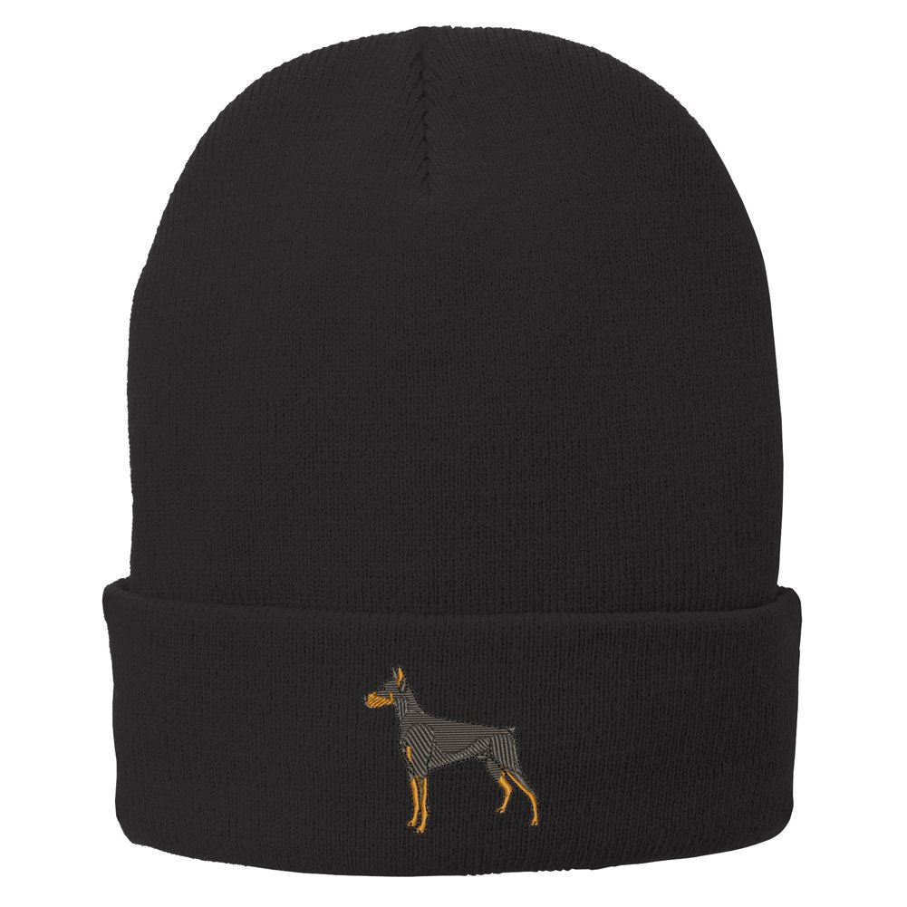 Trendy Doberman Embroidered Winter Knit Beanie Hat for Men & Women - Warm Long Cuffed Skull Cap for Cold Weather, Outdoor Activities, and Street Fashion