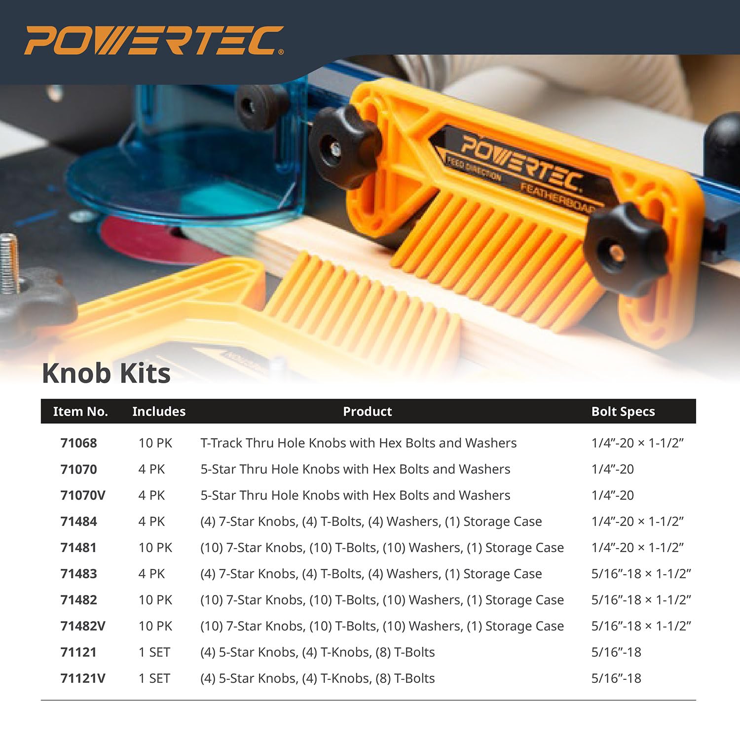 POWERTEC 71121V 16-Pc T Track Knob Kit for Woodworking Jigs & Fixtures - DIY Workshop Accessories