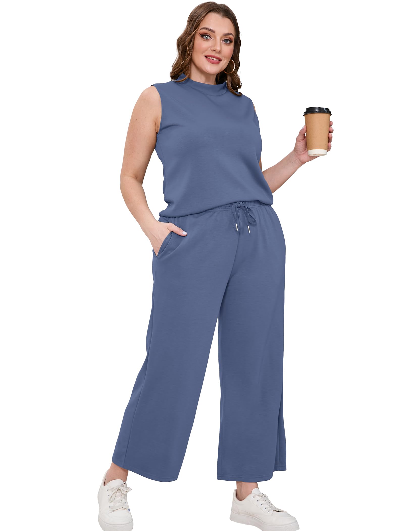 Stylish SAMPEEL Women's Two Piece Sets - Summer Lounge Outfit with Mock Neck Top & Wide Leg Crop Pants | Perfect for Vacation, Travel & Casual Wear