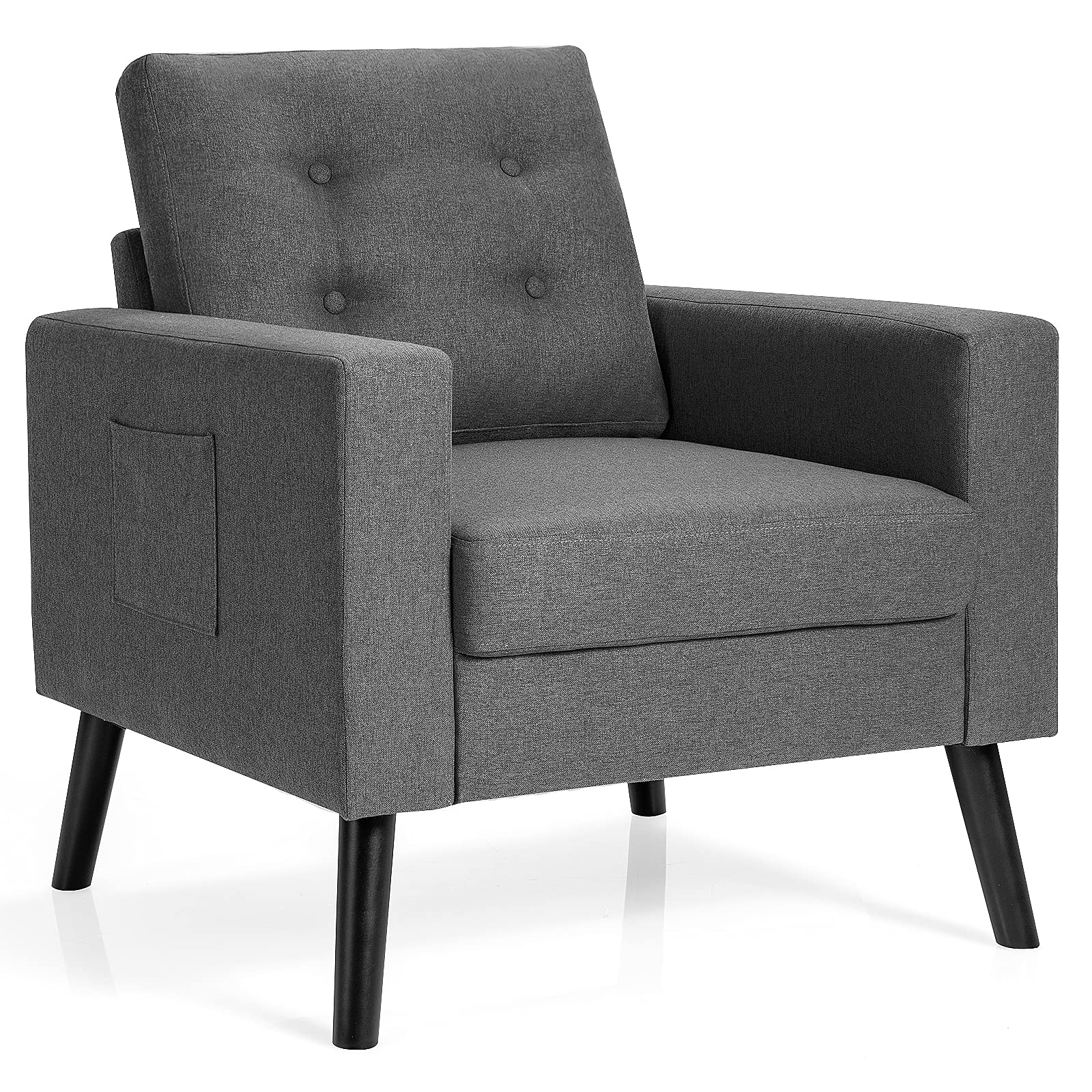 Giantex Modern Accent Chair with Button Tufted Design - Upholstered Living Room Armchair with Wooden Legs & Side Pockets - Gray Linen Fabric Sofa for Bedroom, Reading Nook or Guest Room - Perfect for Relaxing, Reading & Small Space Decor