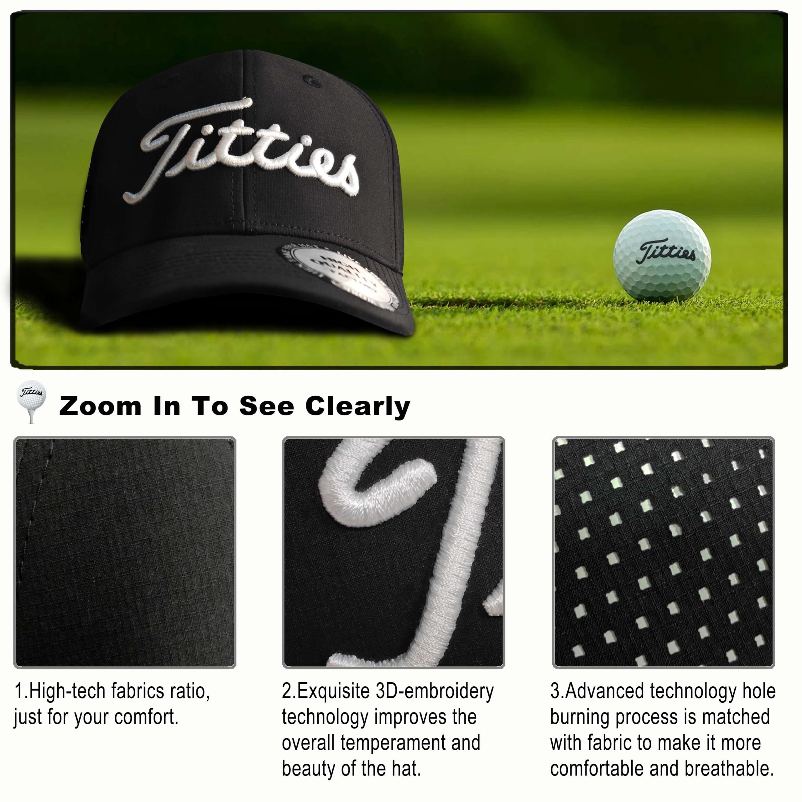 Bamveio Funny Golf Hats for Men & Women - Titties Design Baseball Cap in White & Black | Perfect for Golfing, Casual Wear & Funny Gift Ideas