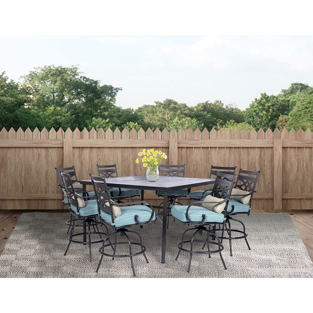 Hanover Montclair 9-Piece Outdoor Dining Set - 8 Swivel Bar Height Chairs with Thick Cushions & 60