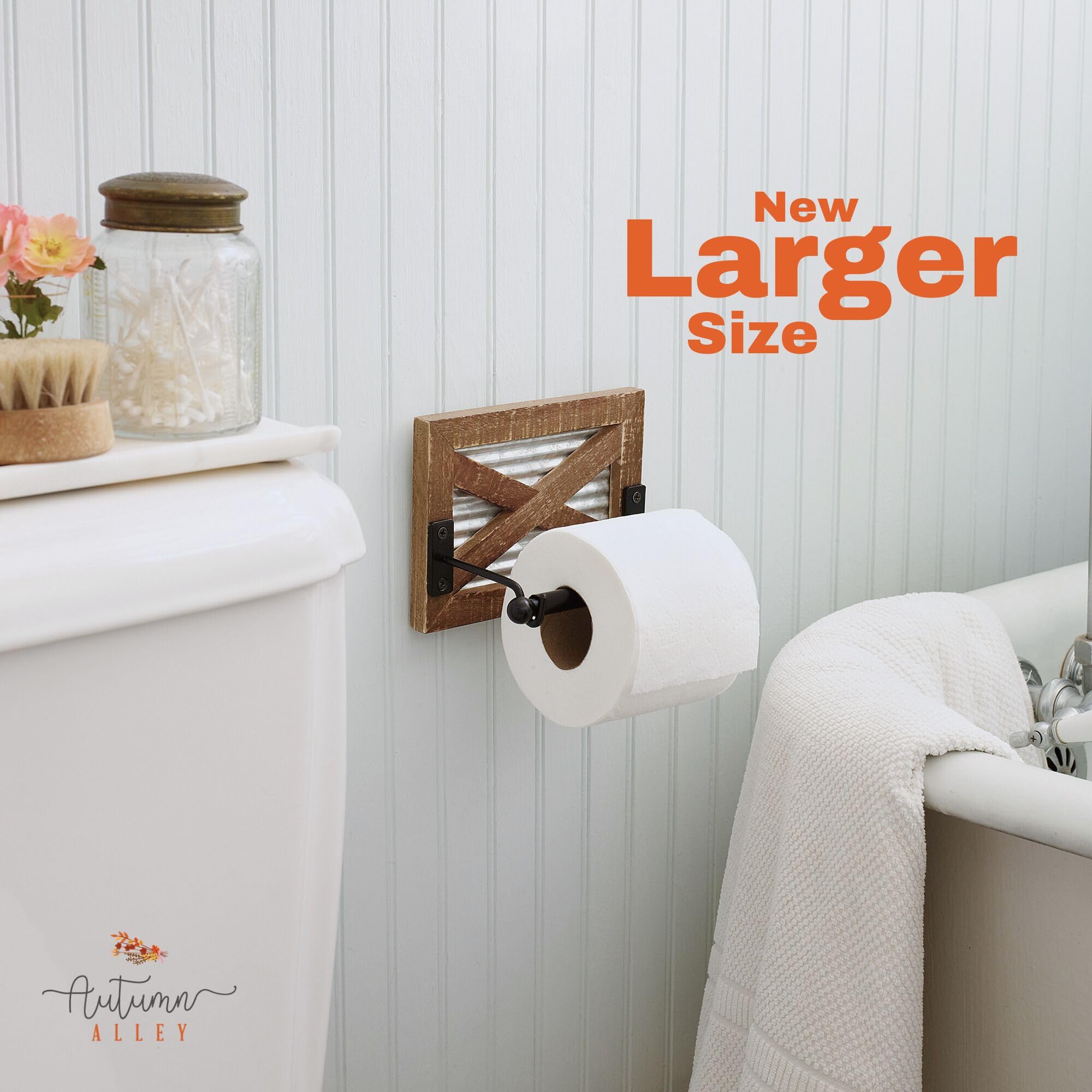 Rustic Farmhouse Toilet Paper Holder Wall Mount - Warm Brown Wood & Galvanized Metal Bathroom Accessory for Western Decor | Perfect for Country Style, Cabin, and Ranch Bathrooms
