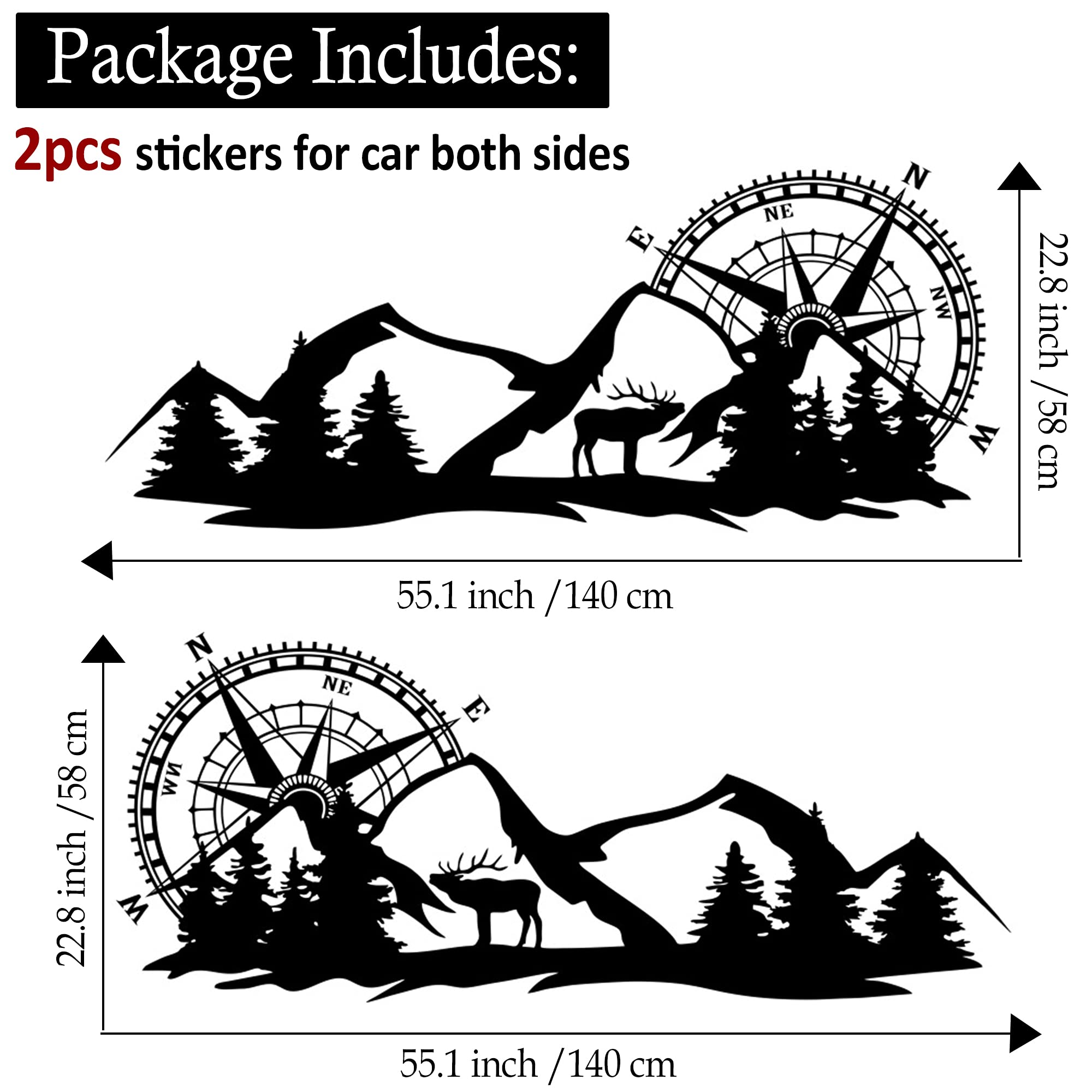 Mountain Car Vinyl Sticker - 55x21 Inch Compass Forest Graphic Decal for Car & Truck, Universal Scratch Hidden Design, Black - Perfect for Outdoor Adventures & Road Trips