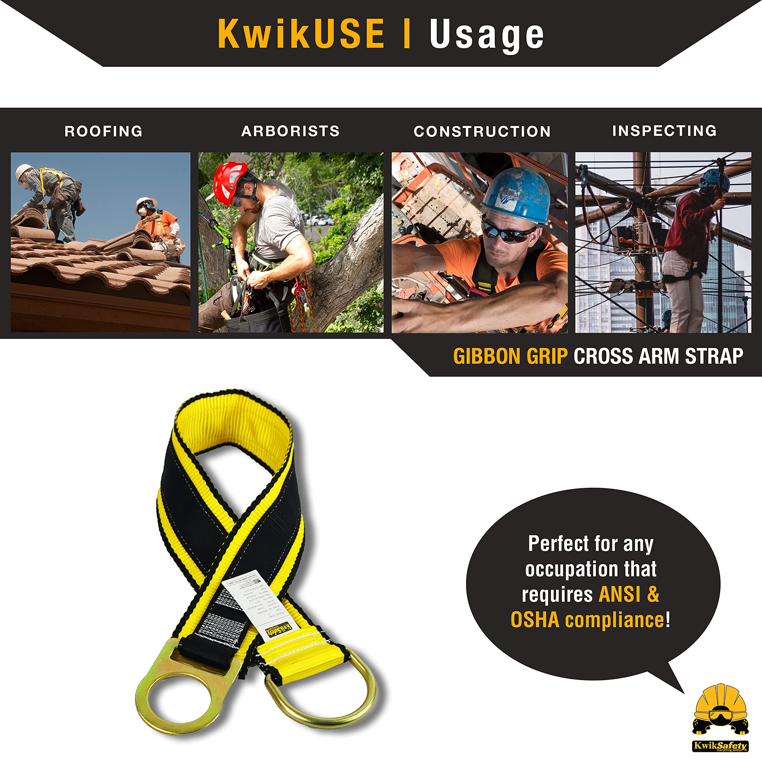 KwikSafety Gibbon Grip 3 ft Safety Anchor Cross Arm Strap Kit with 10 lb Tool Lanyard - ANSI/OSHA Compliant Fall Arrest System for Construction, Roofing & Climbing - Safety Harness & Lanyard for Work at Heights