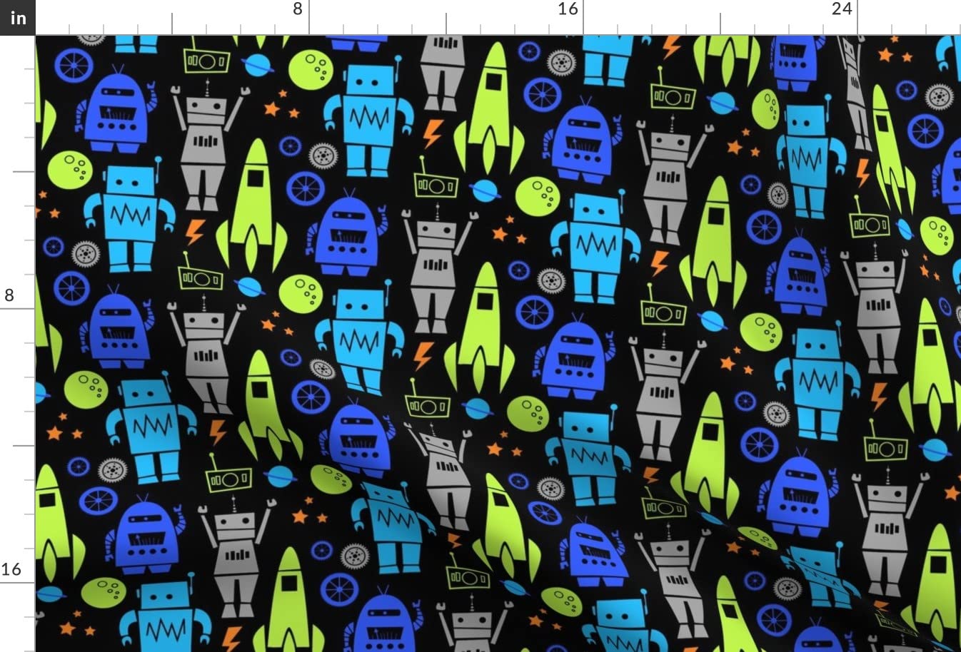 Robots Lime Space Boys Stars Planets Printed Velvet Fabric by The Yard - Spoonflower Upholstery & Apparel Material for Home Decor, DIY Projects, and Fashion Design