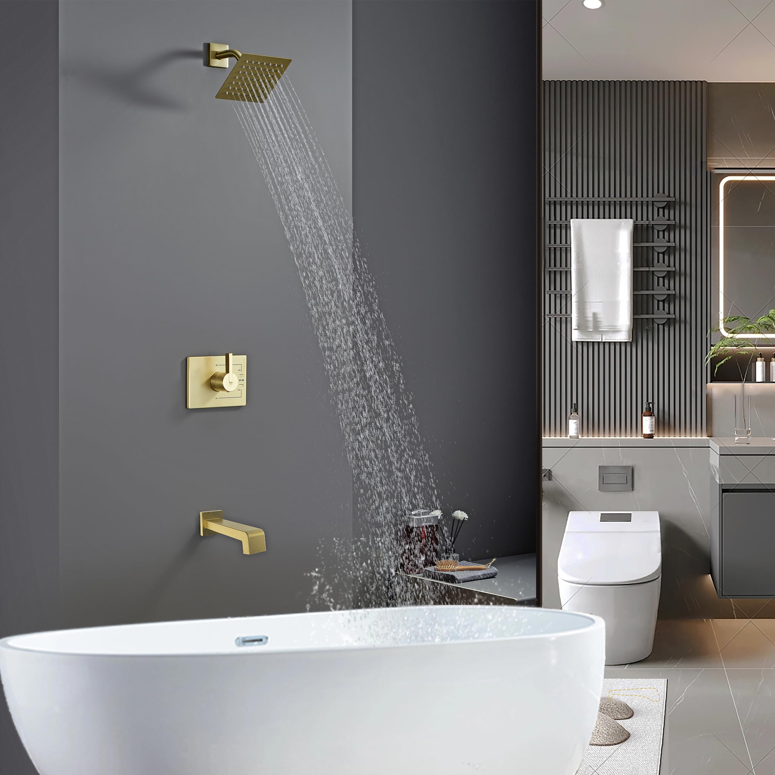 Brushed Gold Shower Fixture Set - 6 Inch Gold Shower Head with Tub Spout & Handle (Valve Included) - Luxury Bathroom Faucet Combo for Modern Home & Spa Experience
