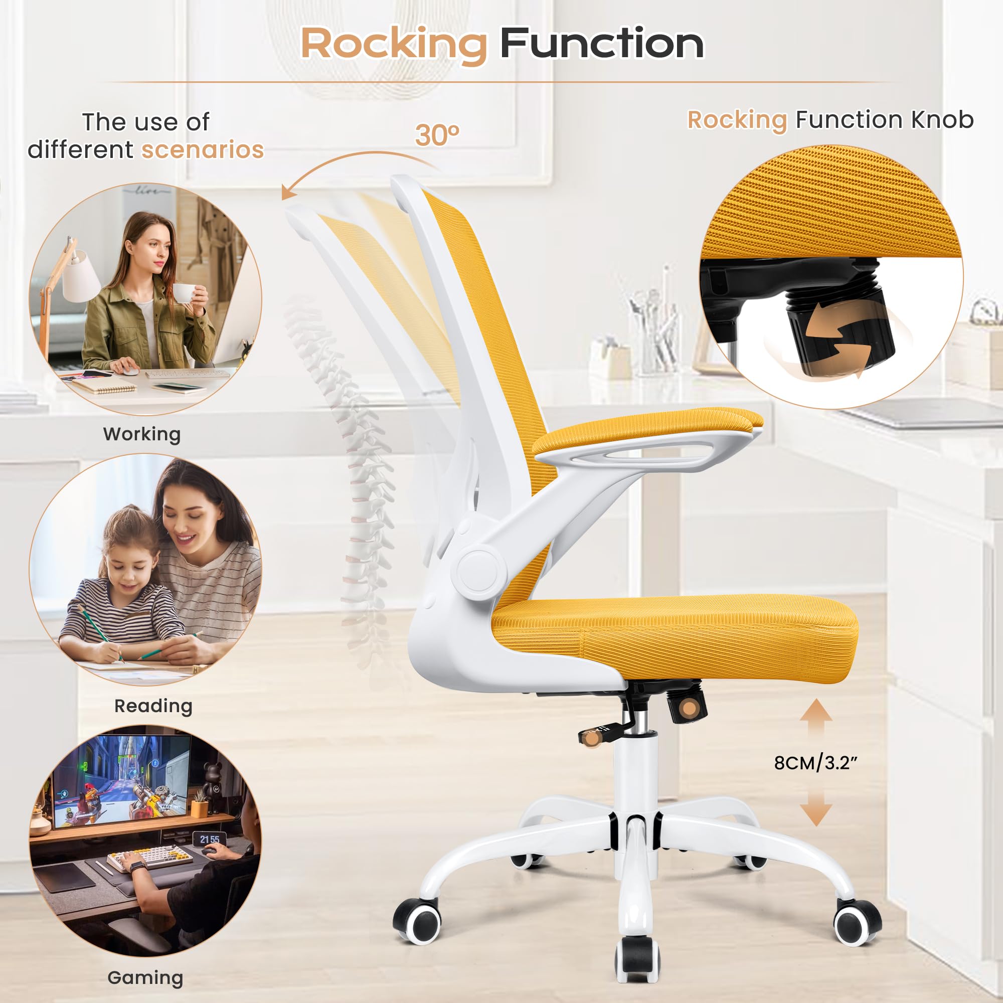KERDOM Ergonomic Office Chair - Breathable Mesh Computer Desk Chair with Lumbar Support, Wheels & Flip-Up Arms - Adjustable Height Swivel Task Chair for Home Office & Gaming (Yellow) - Perfect for Long Work Sessions, Online Classes & PC Gaming