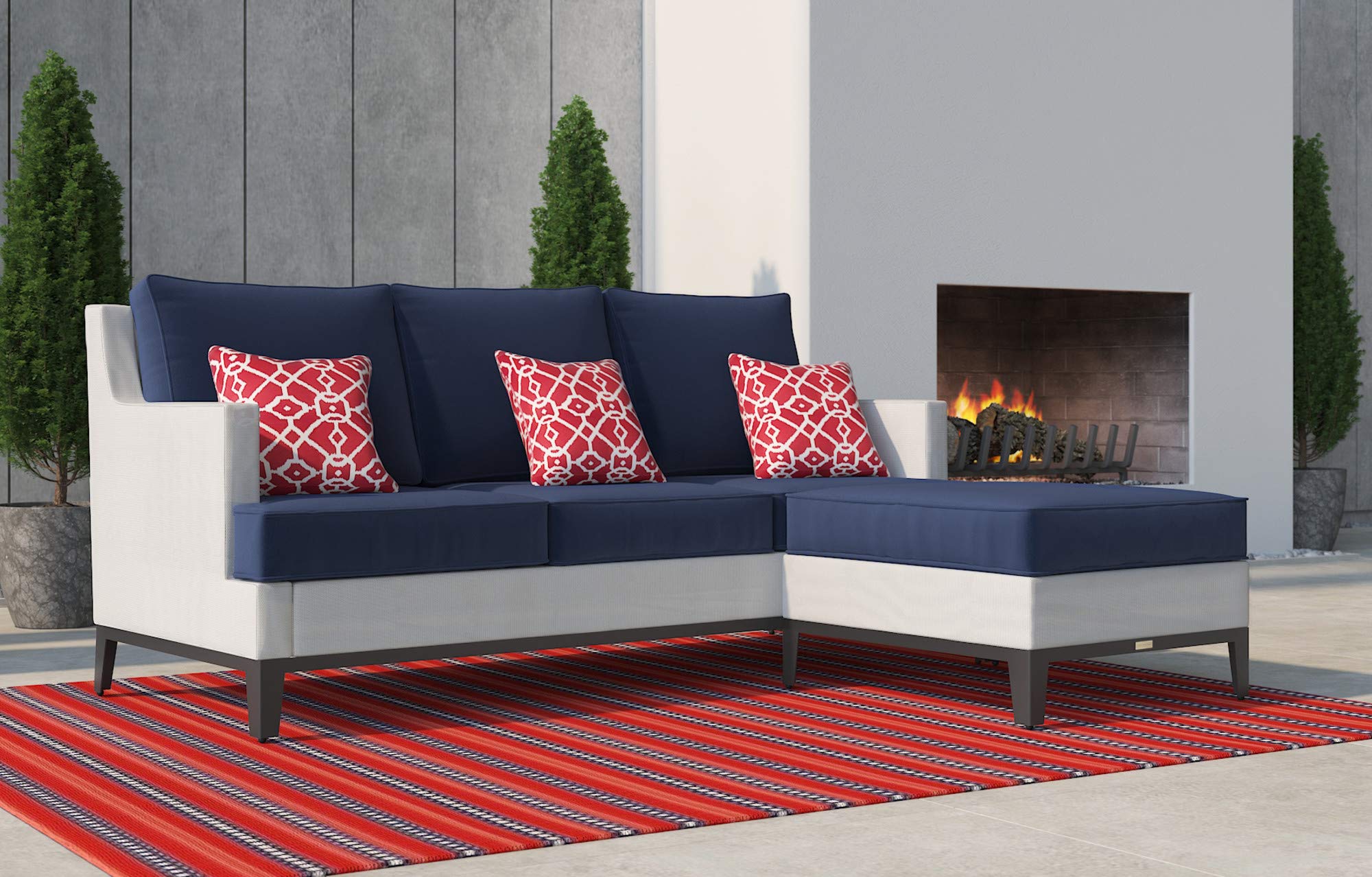 Tommy Hilfiger Hampton Modern White Mesh Outdoor Patio Furniture Set - Gunmetal Frame Sectional Sofa with White & Navy Cushions - Perfect for Backyard, Poolside & Garden Relaxation