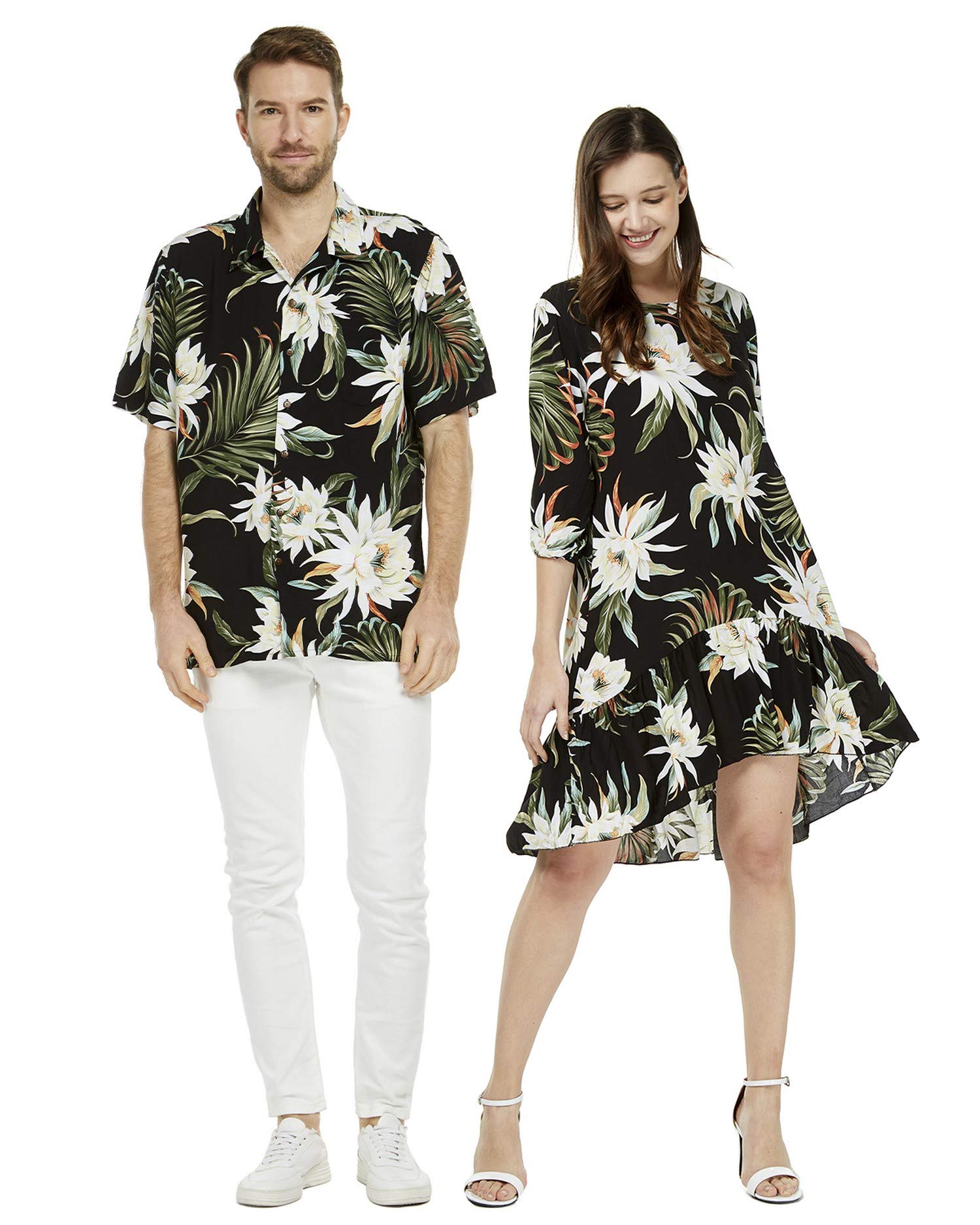 Hawaiian Couple Matching Luau Shirts & 3/4 Sleeve Ruffle Dress Set - Tropical Floral Print Beach Outfit for Summer Vacation, Luau Party, and Honeymoon Getaways