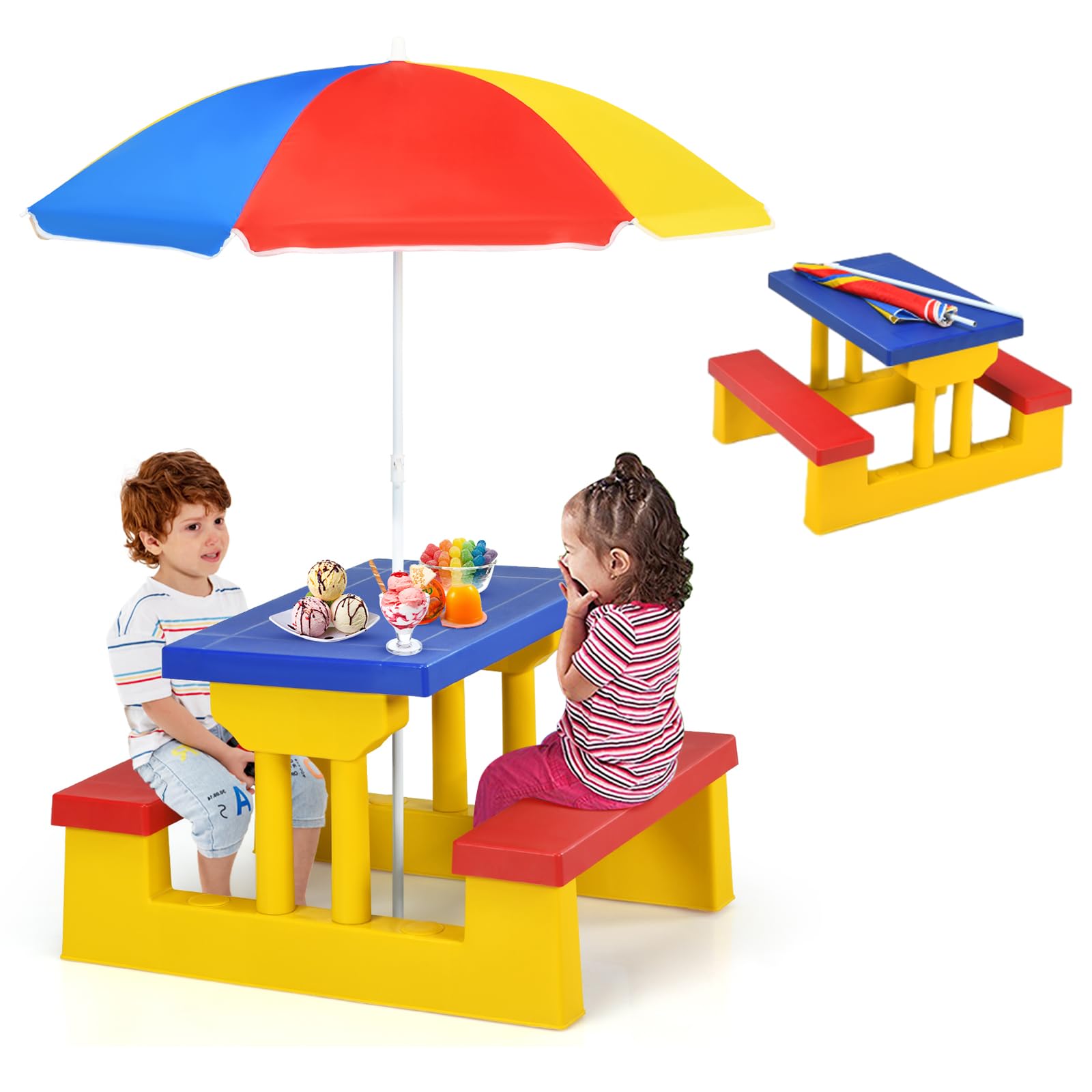 Foldable Kids Picnic Table with Removable Umbrella - Durable Plastic Outdoor Toddler Furniture for Garden, Backyard & Patio - Colorful Children's Play Table for Picnics, Snacks & Outdoor Activities